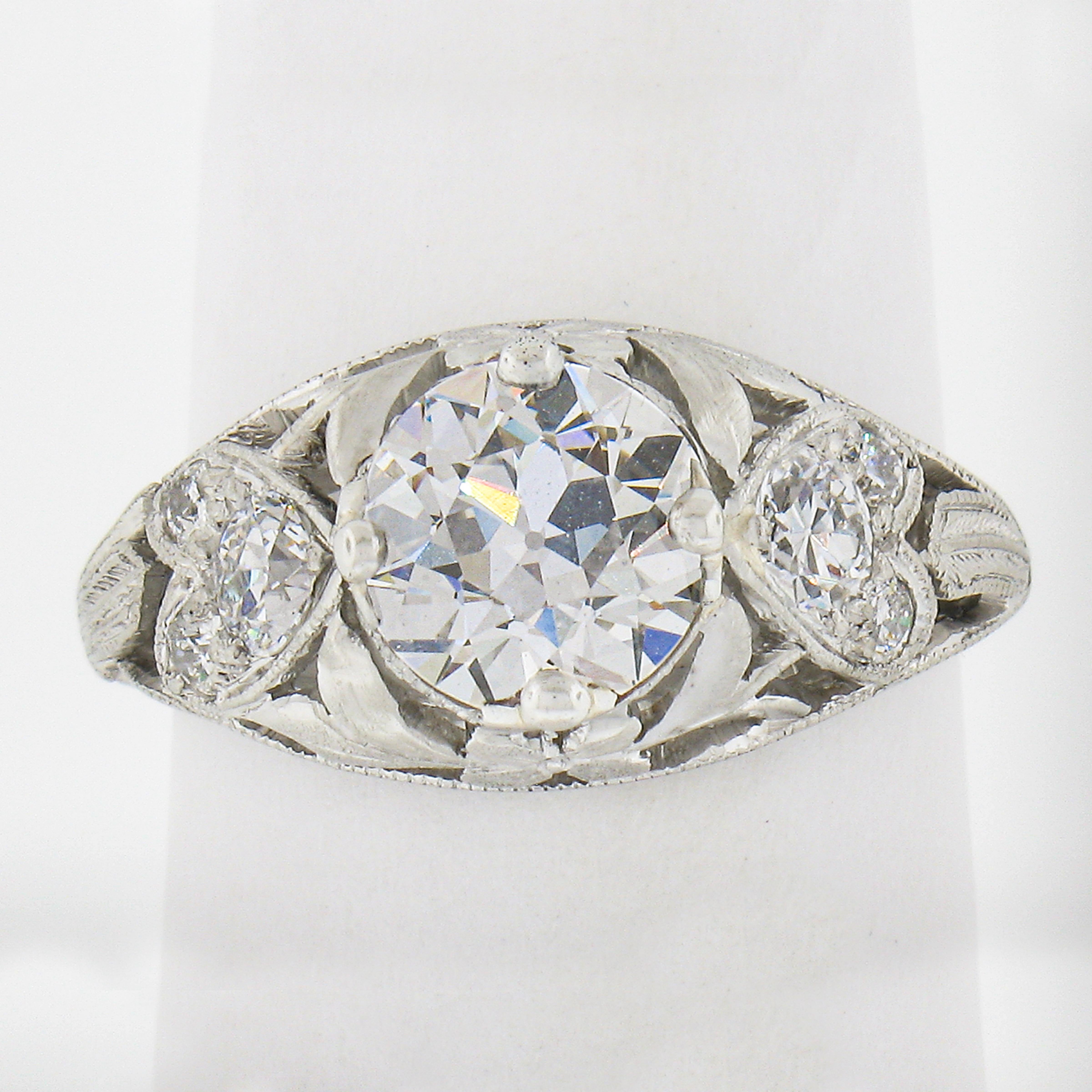 Old European Cut Antique Edwardian Platinum 1.5ct GIA European Diamond Heart Floral Filigree Ring For Sale