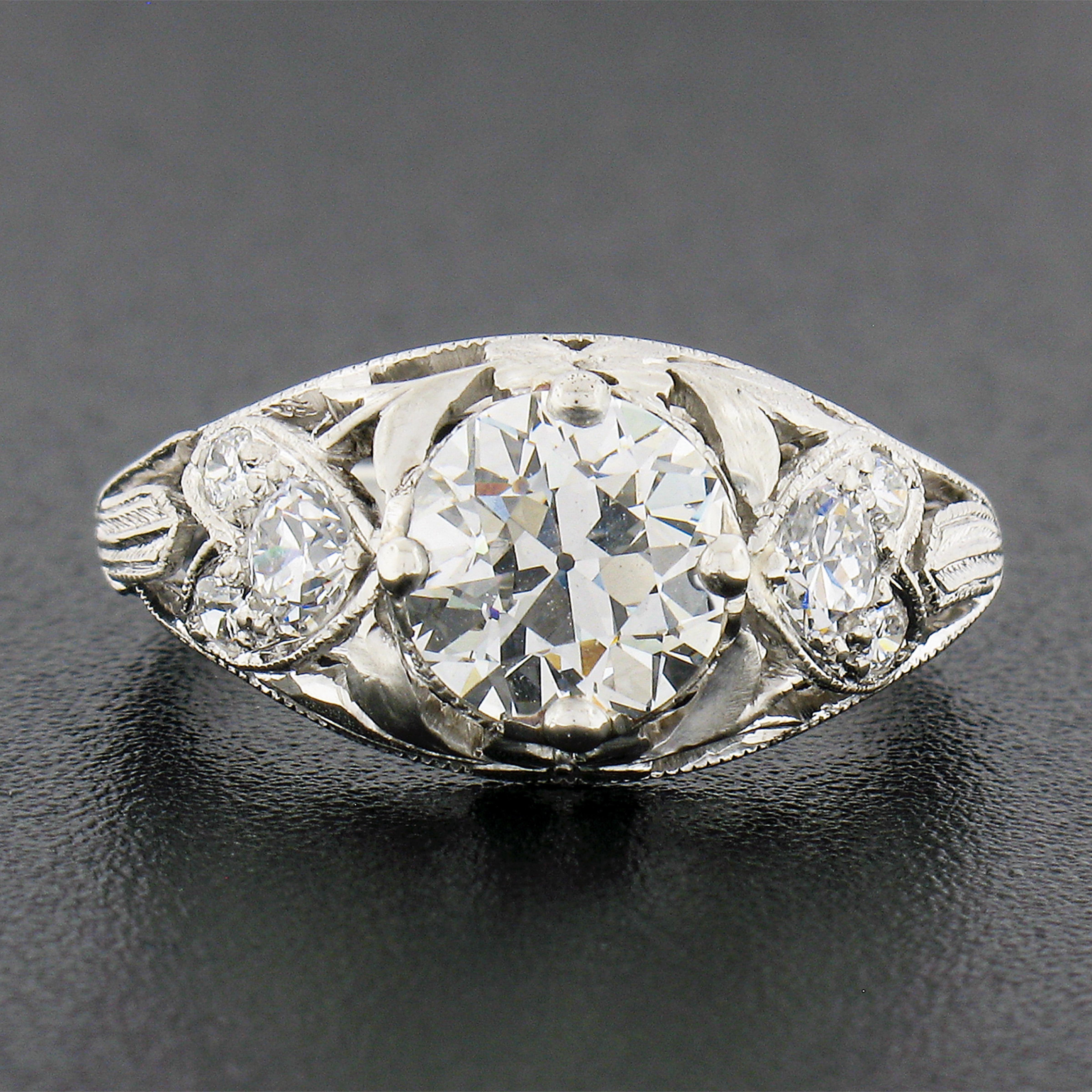 Antique Edwardian Platinum 1.5ct GIA European Diamond Heart Floral Filigree Ring In Good Condition For Sale In Montclair, NJ