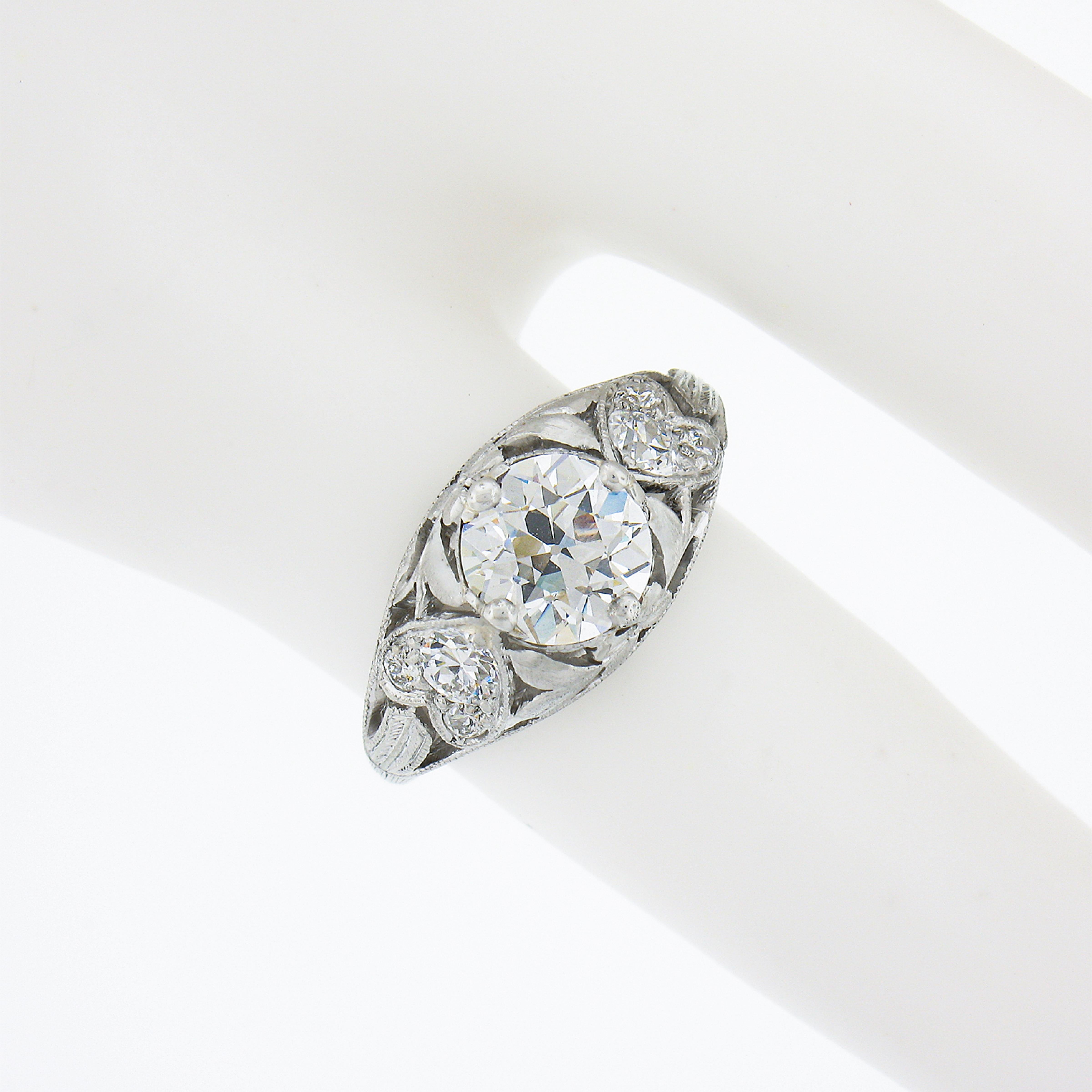 Women's Antique Edwardian Platinum 1.5ct GIA European Diamond Heart Floral Filigree Ring For Sale