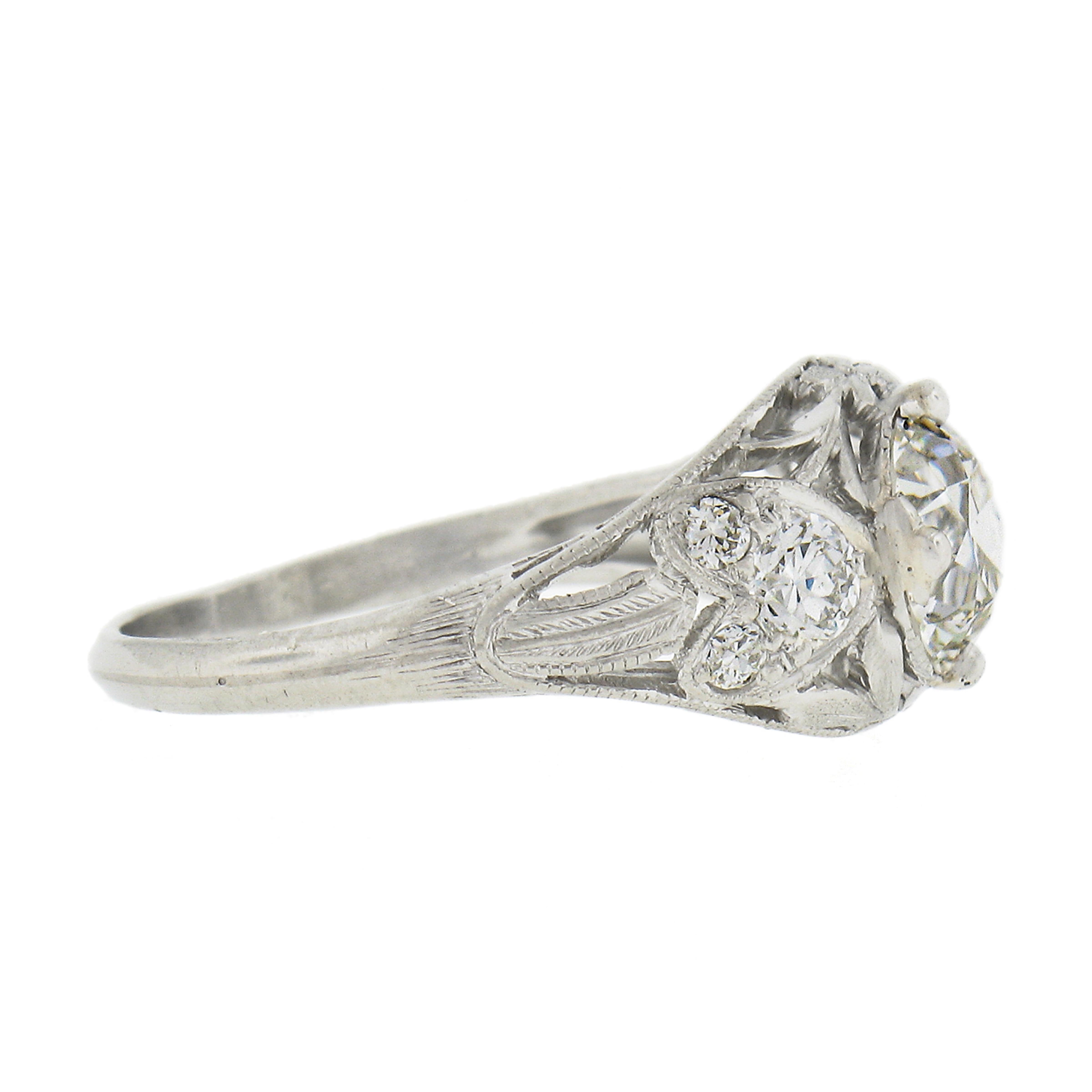 Antique Edwardian Platinum 1.5ct GIA European Diamond Heart Floral Filigree Ring For Sale 1