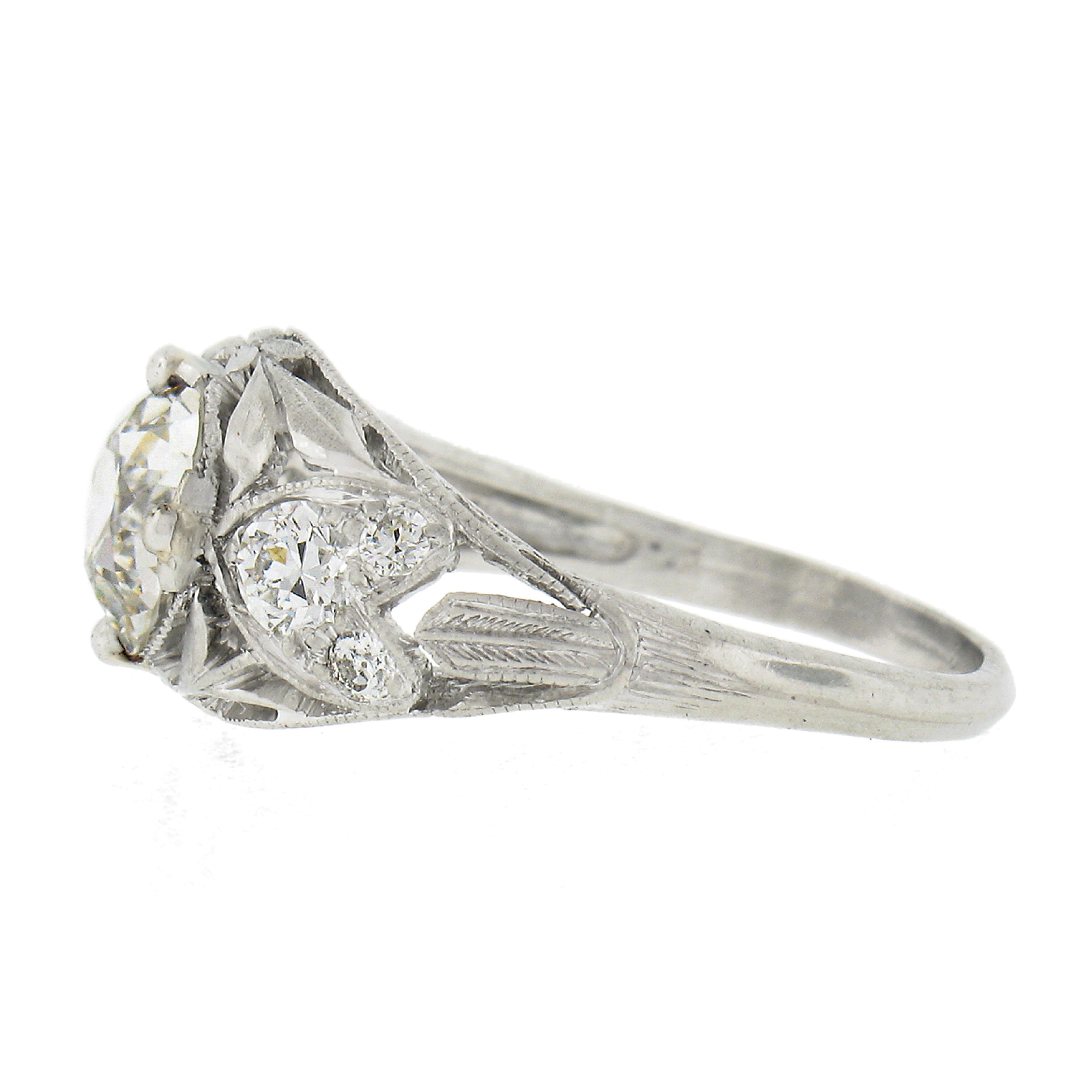 Antique Edwardian Platinum 1.5ct GIA European Diamond Heart Floral Filigree Ring For Sale 2