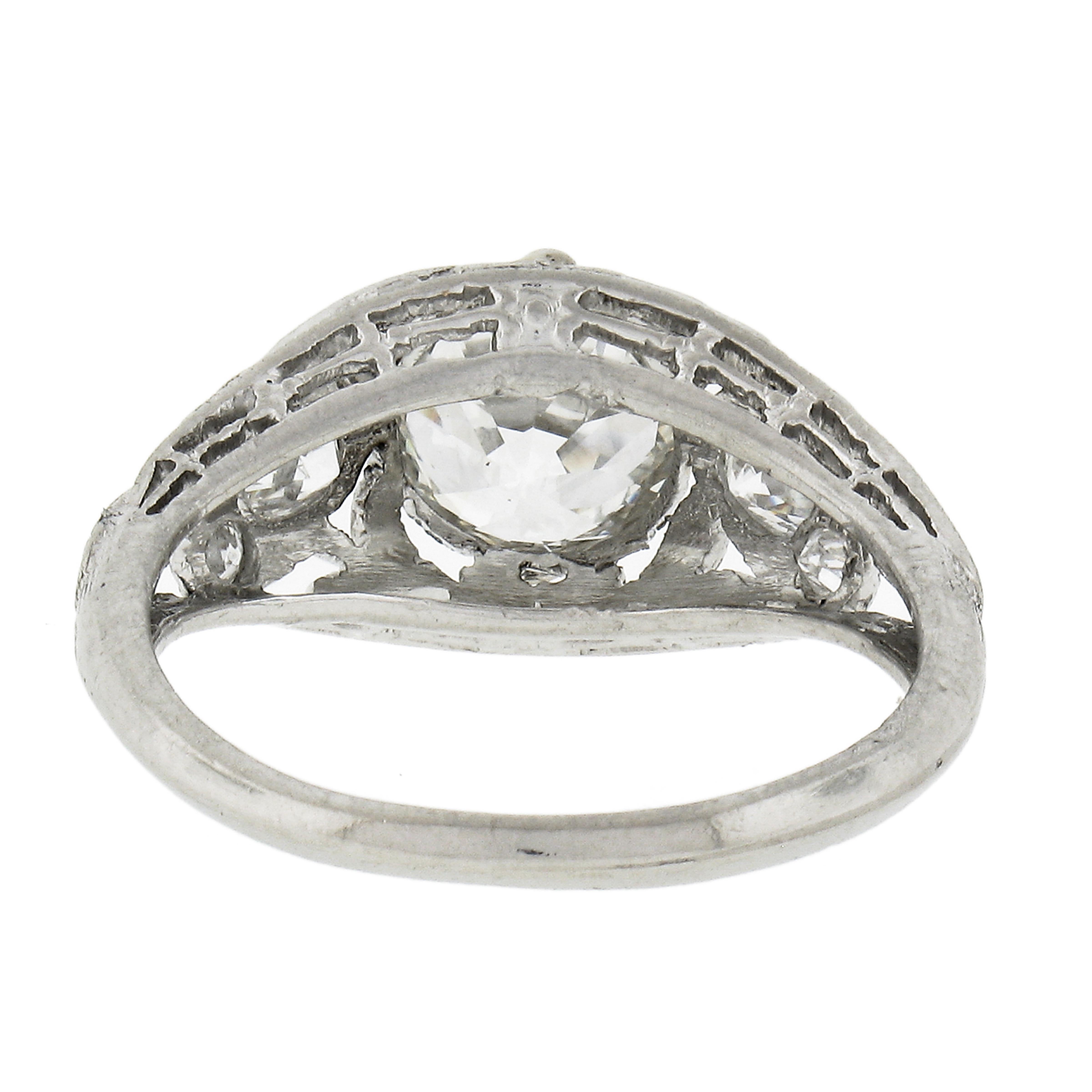 Antique Edwardian Platinum 1.5ct GIA European Diamond Heart Floral Filigree Ring For Sale 3