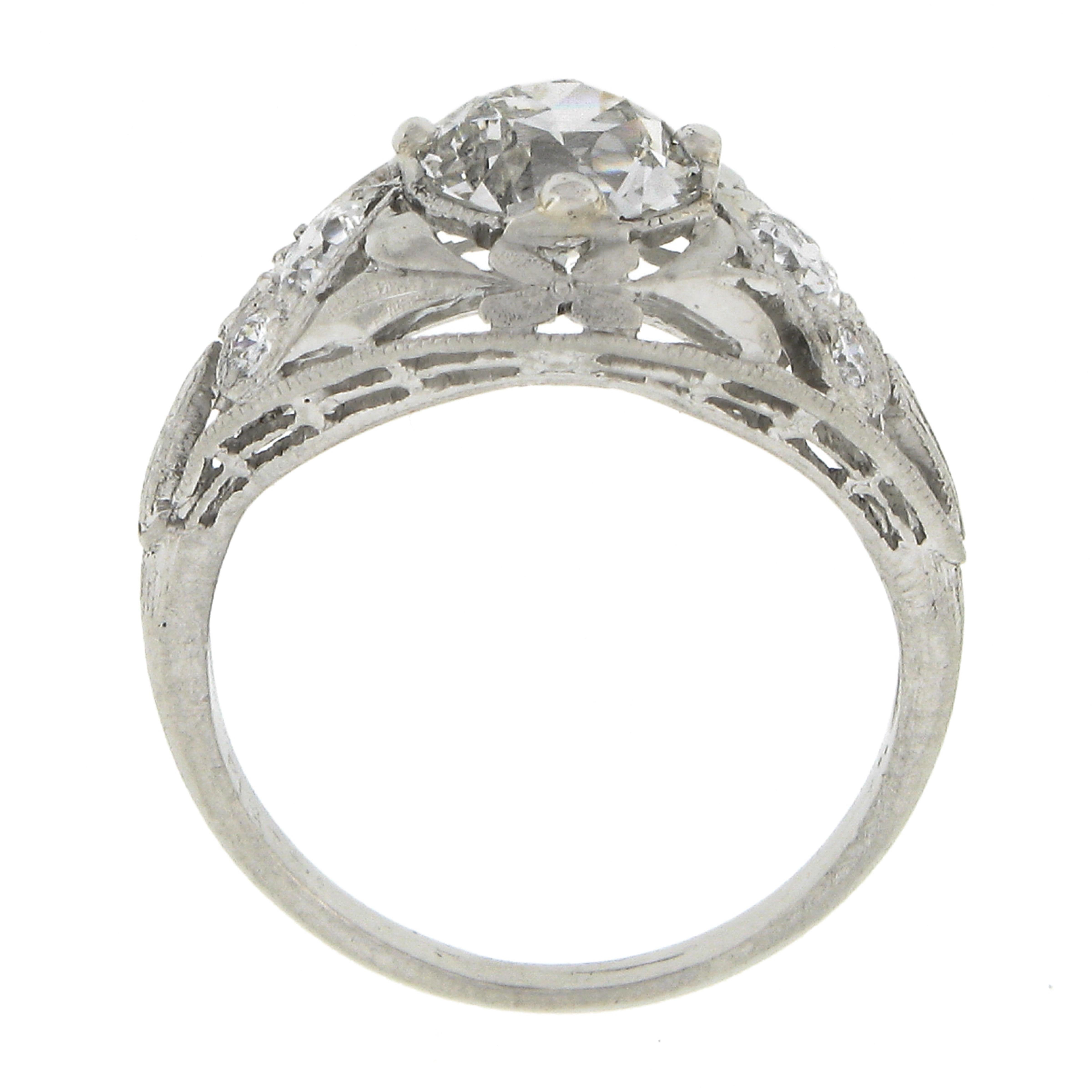 Antique Edwardian Platinum 1.5ct GIA European Diamond Heart Floral Filigree Ring For Sale 4