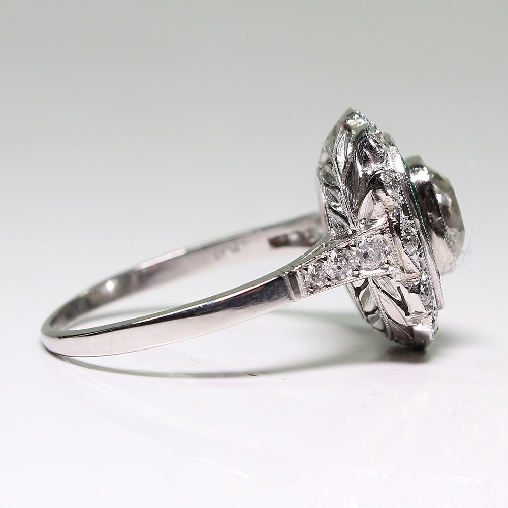 Old Mine Cut Antique Edwardian Platinum 1.74 Diamond and Emerald Ring