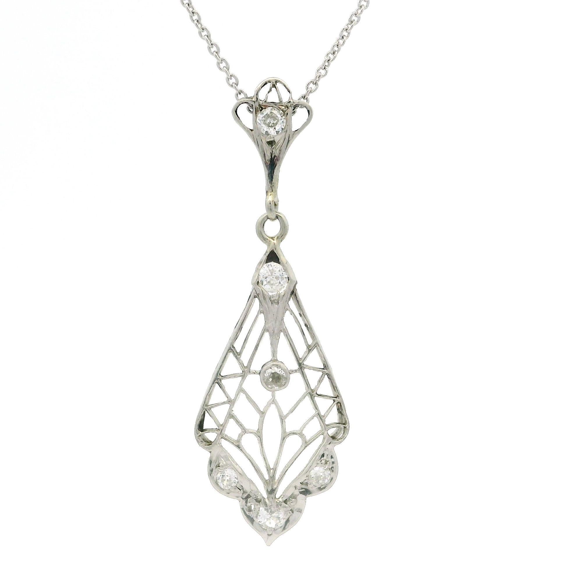 Old European Cut Antique Edwardian Platinum & 18k Gold Diamond Filigree Lavalier Pendant Necklace