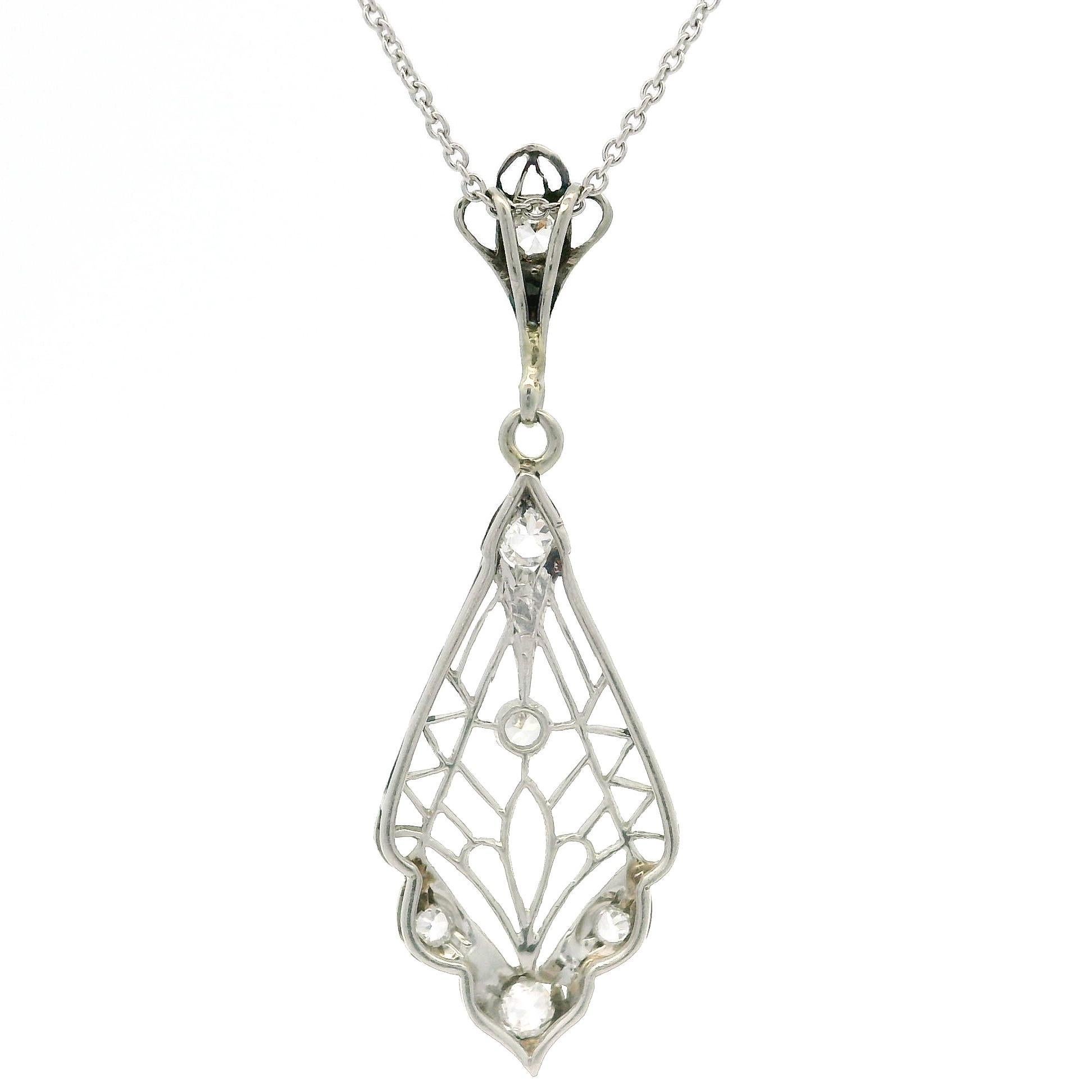 Women's Antique Edwardian Platinum & 18k Gold Diamond Filigree Lavalier Pendant Necklace