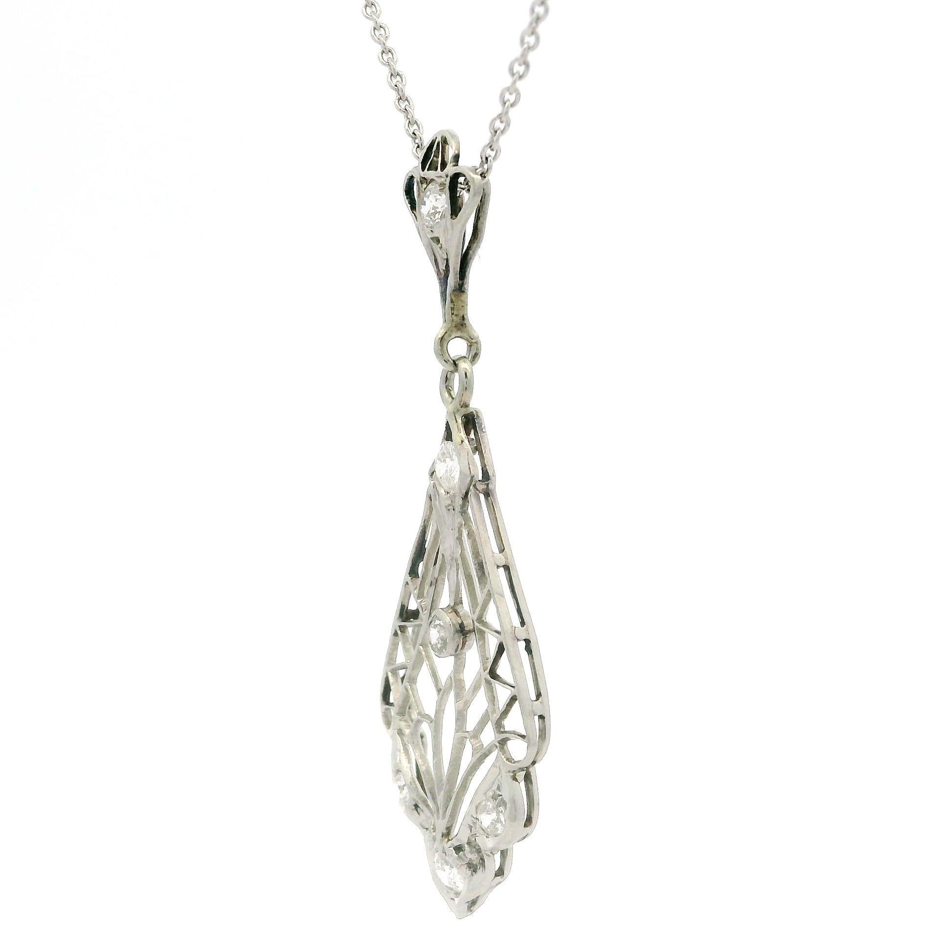 Antique Edwardian Platinum & 18k Gold Diamond Filigree Lavalier Pendant Necklace 1
