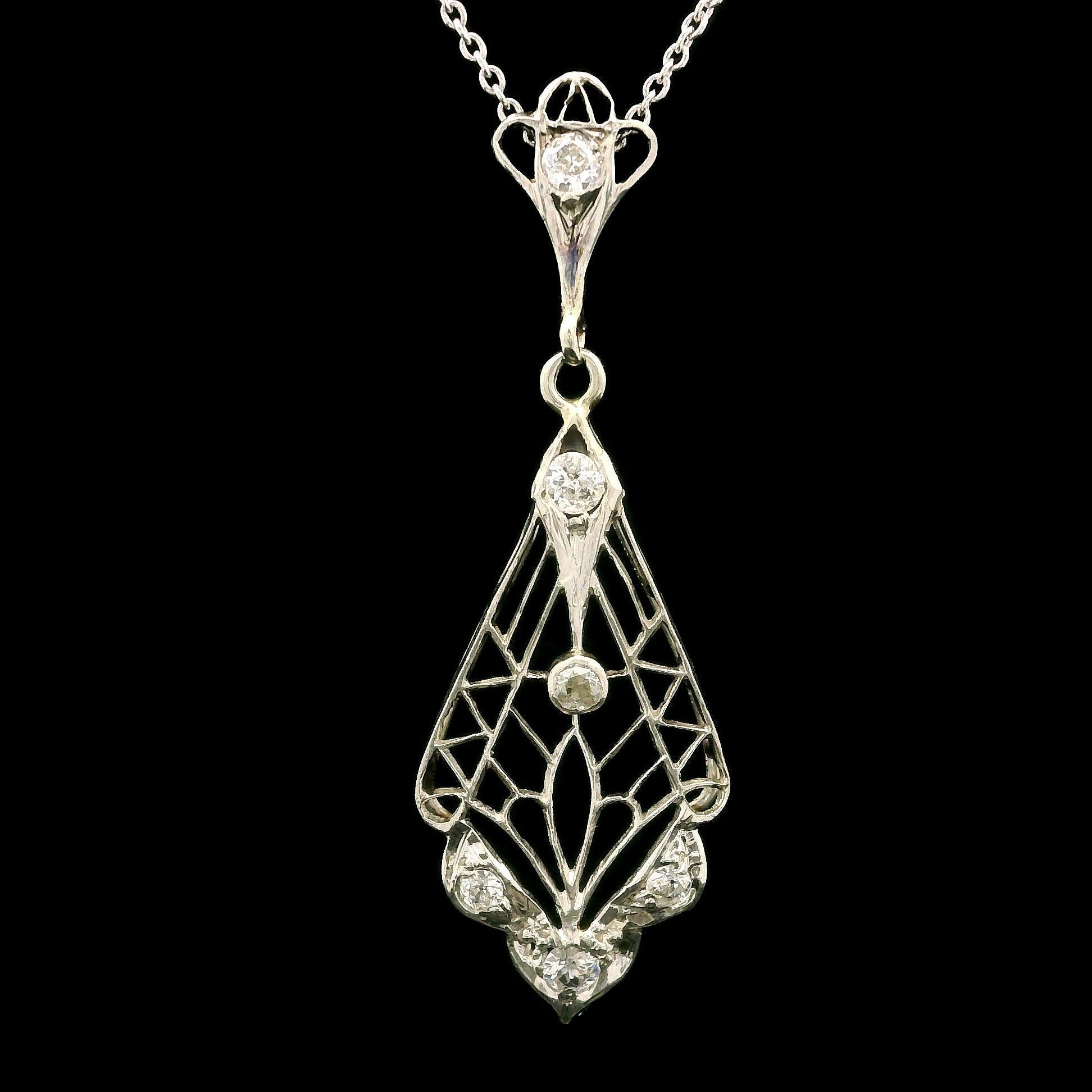 Antique Edwardian Platinum & 18k Gold Diamond Filigree Lavalier Pendant Necklace 2