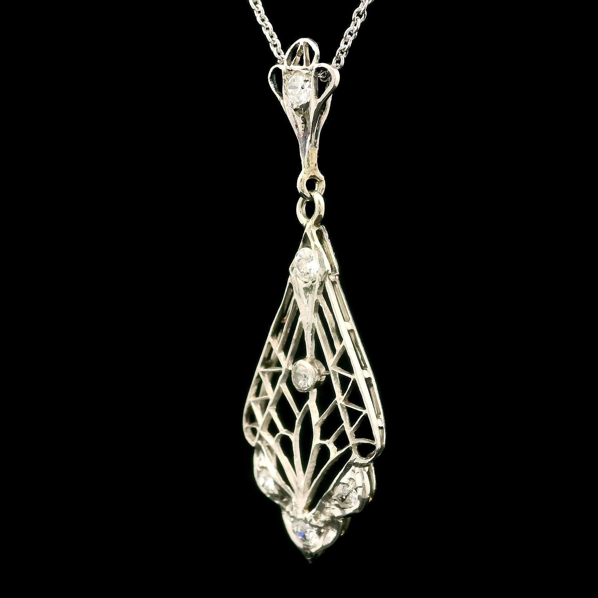 Antique Edwardian Platinum & 18k Gold Diamond Filigree Lavalier Pendant Necklace 4