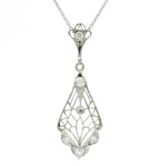 Antique Edwardian Platinum & 18k Gold Diamond Filigree Lavalier Pendant Necklace