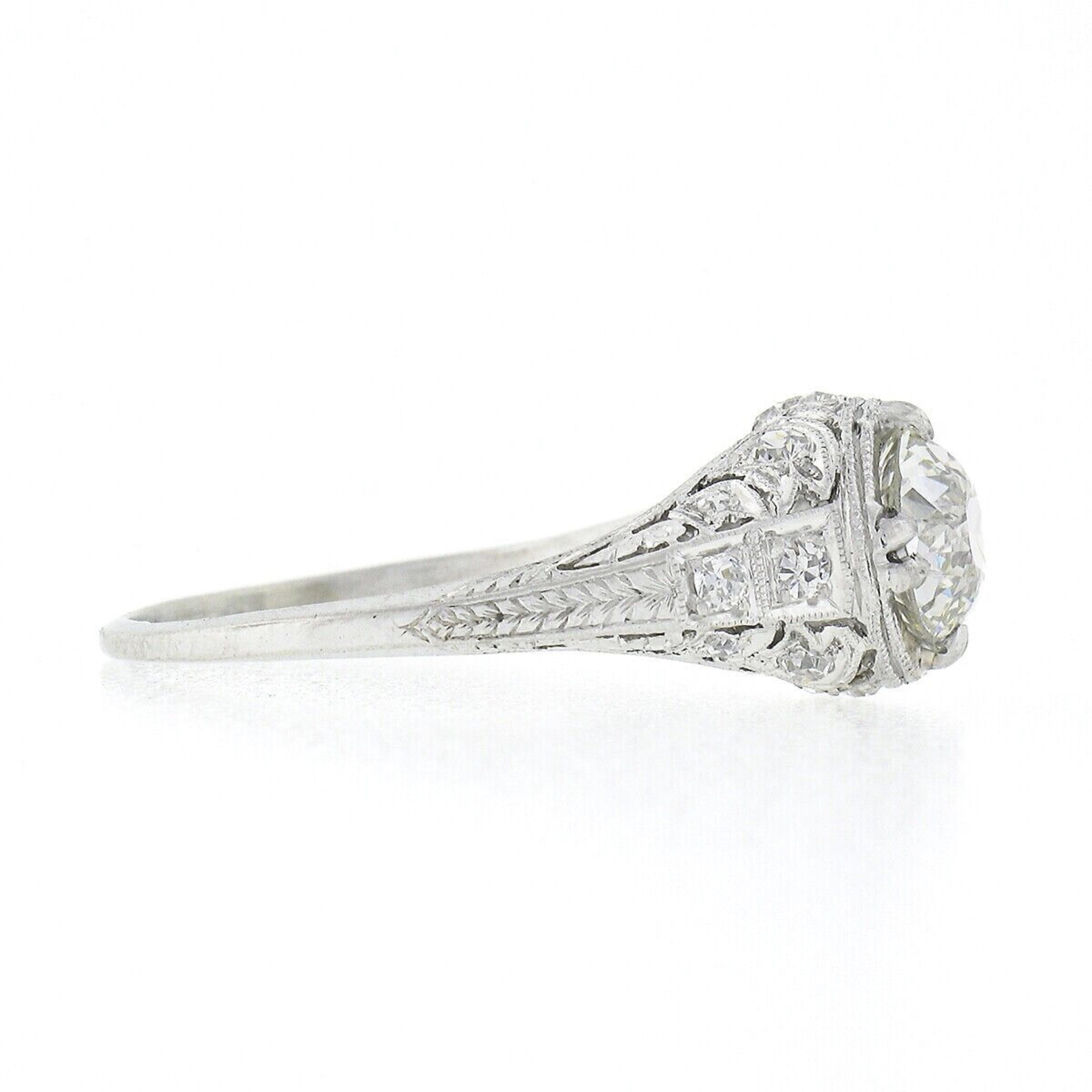 Antique Edwardian Platinum 1.99ctw GIA European Diamond Etched Engagement Ring In Good Condition In Montclair, NJ
