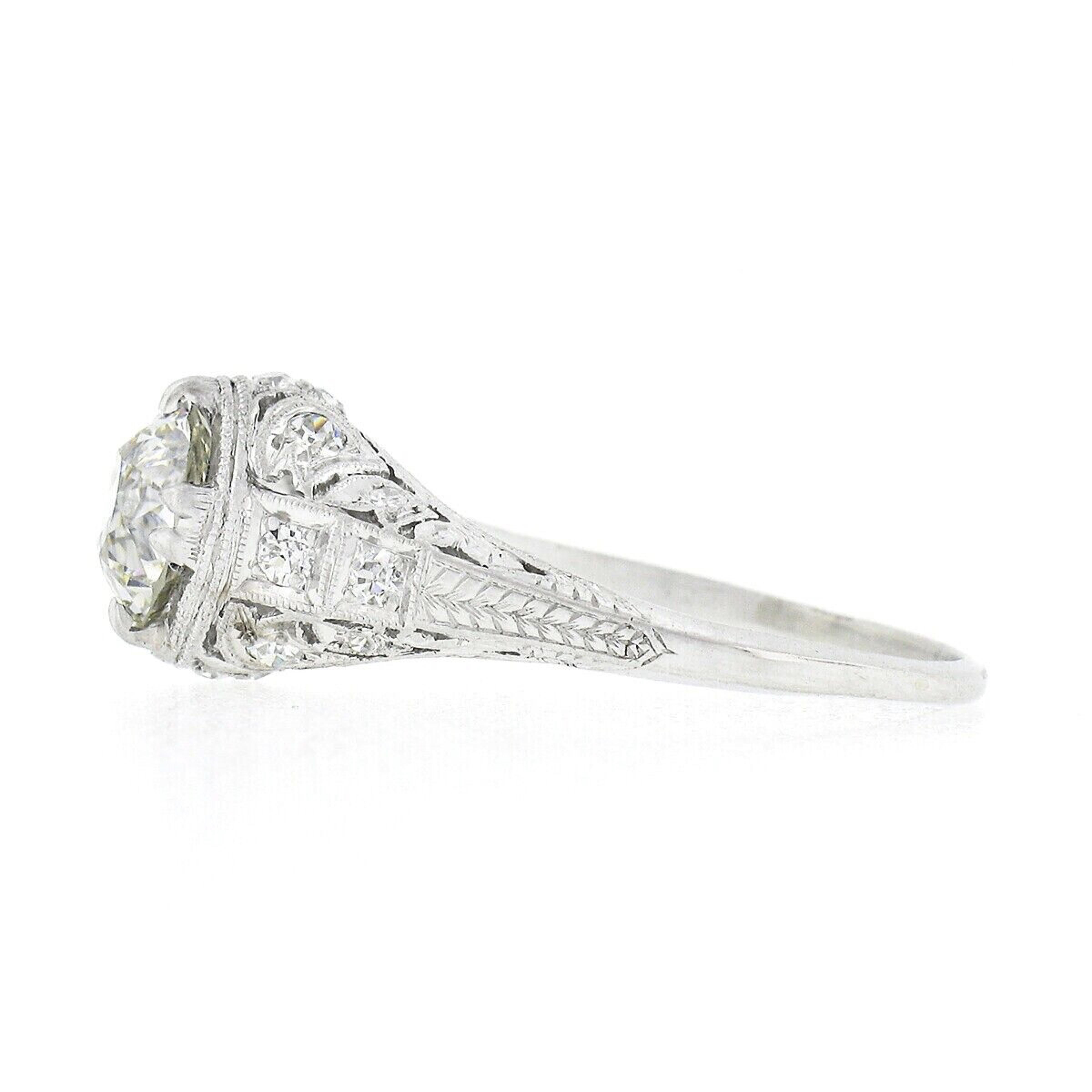 Women's Antique Edwardian Platinum 1.99ctw GIA European Diamond Etched Engagement Ring