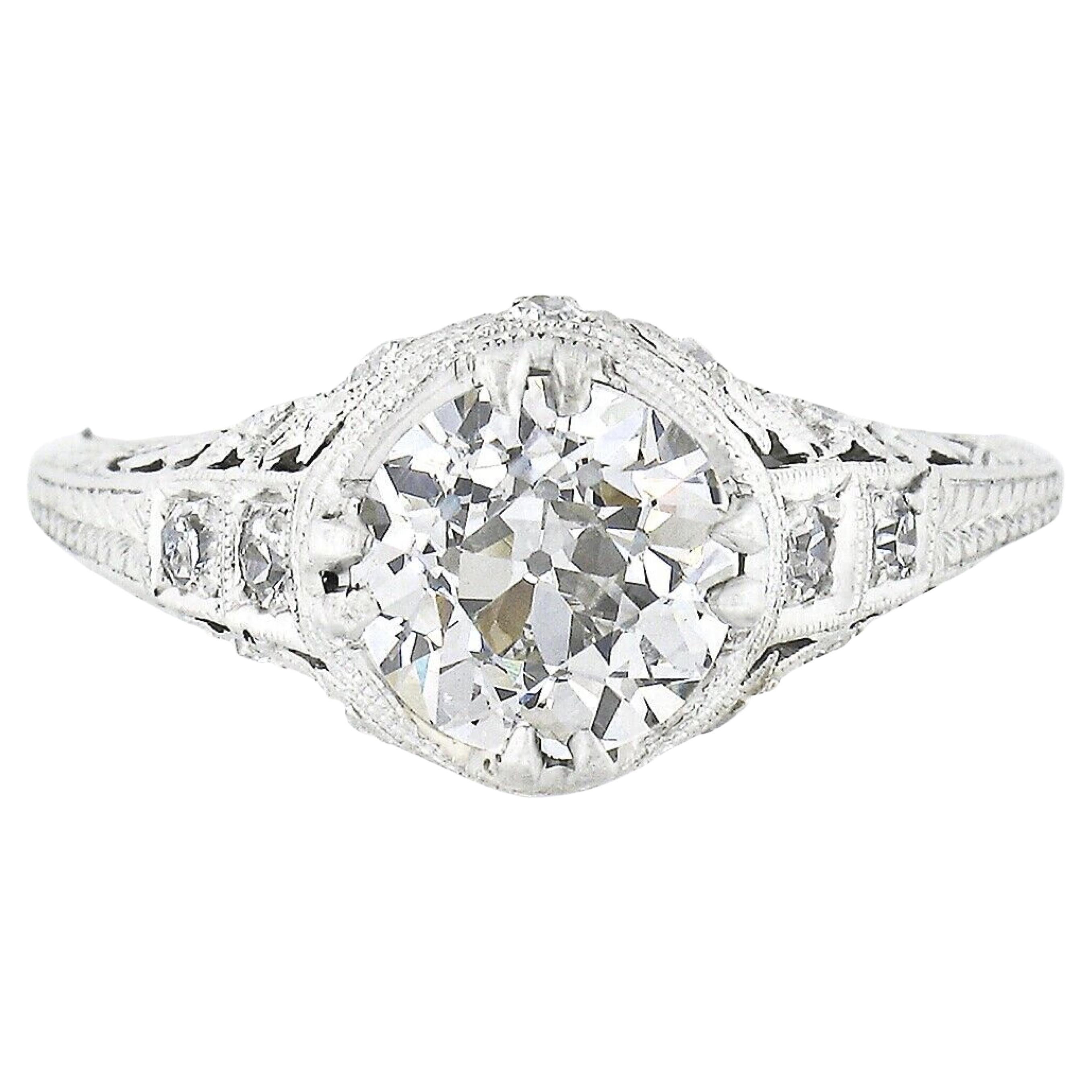 Antique Edwardian Platinum 1.99ctw GIA European Diamond Etched Engagement Ring