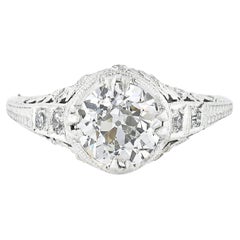 Antique Edwardian Platinum 1.99ctw GIA European Diamond Etched Engagement Ring