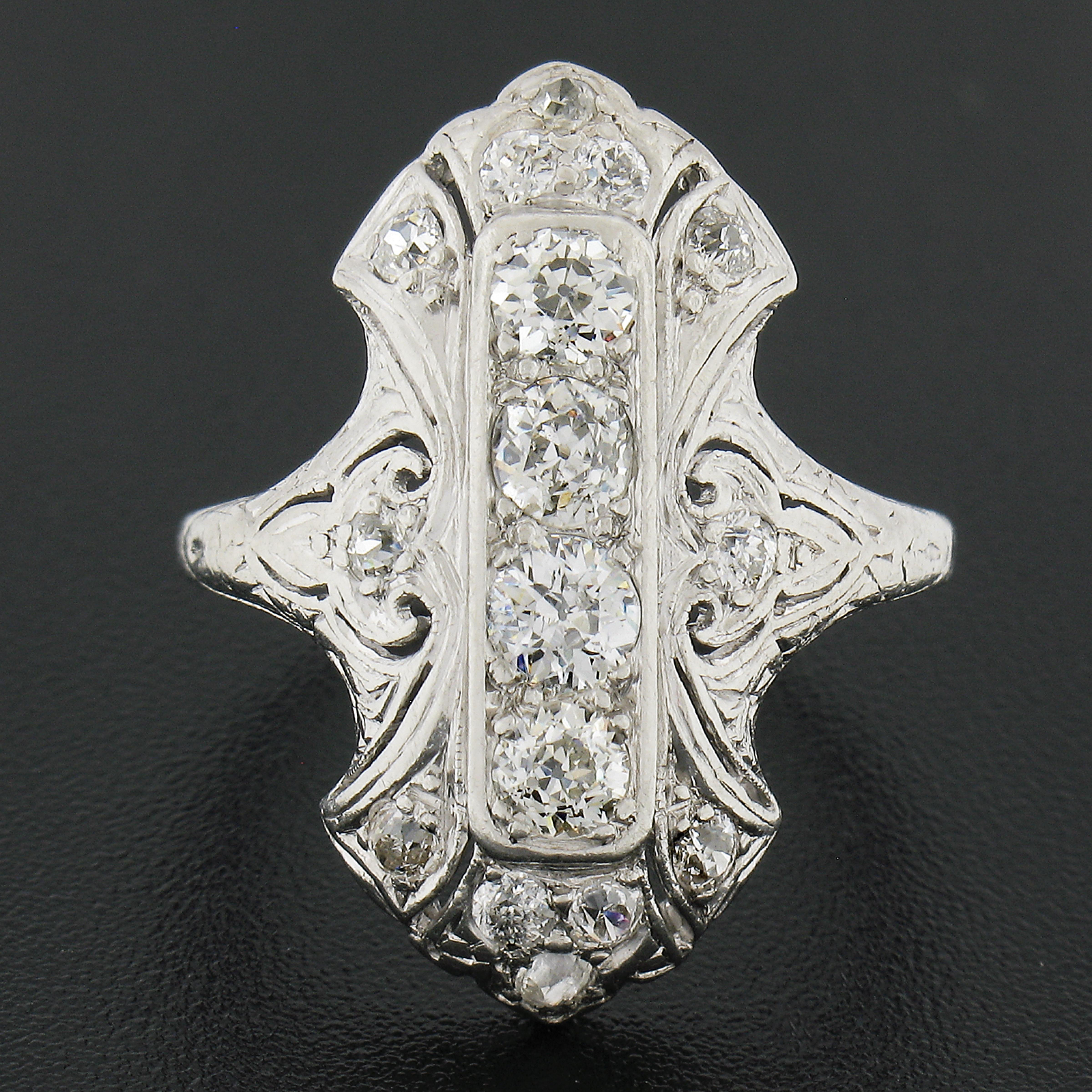 Old European Cut Antique Edwardian Platinum 1ctw Old Diamond Milgrain Detailed Long Dinner Ring For Sale