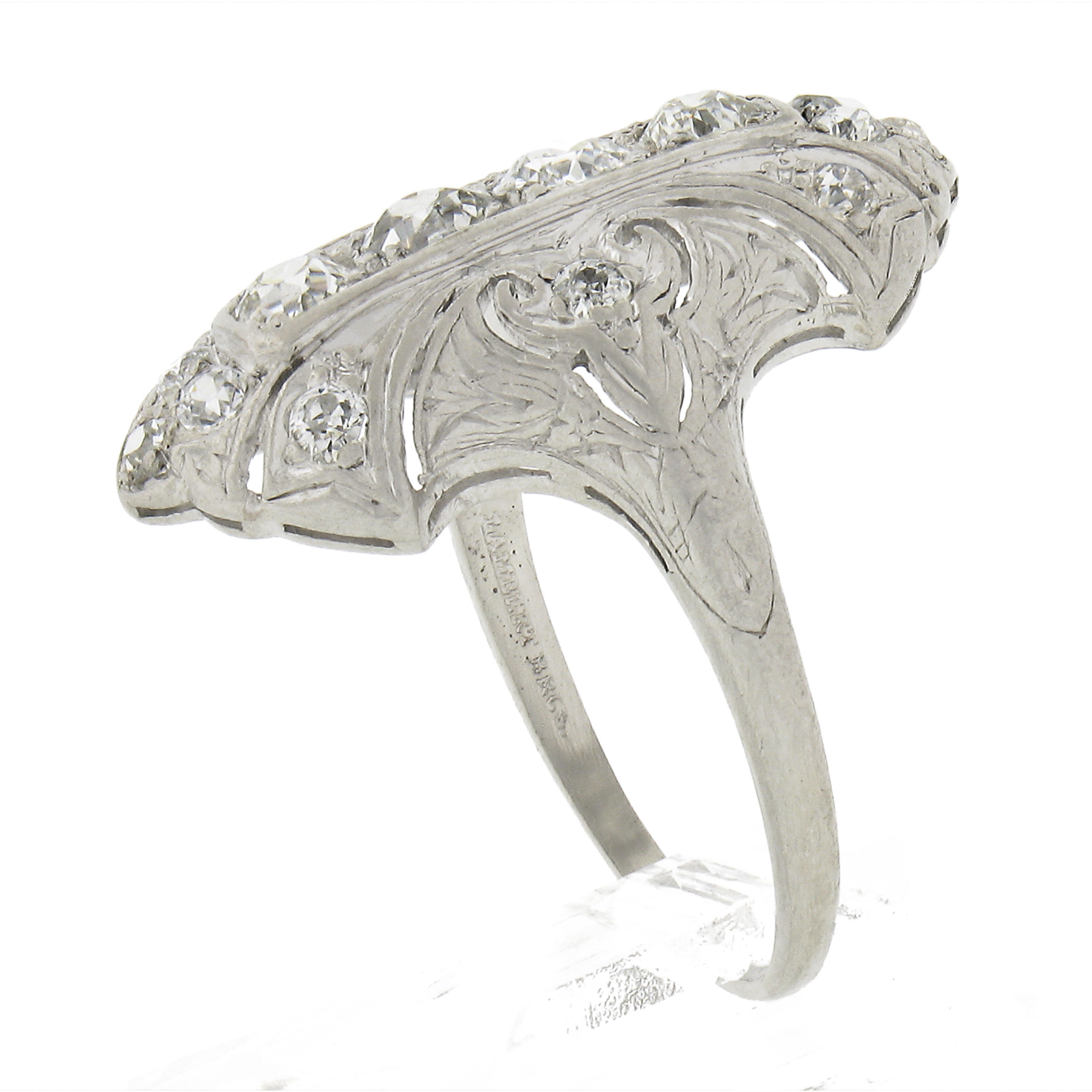 Antique Edwardian Platinum 1ctw Old Diamond Milgrain Detailed Long Dinner Ring For Sale 4