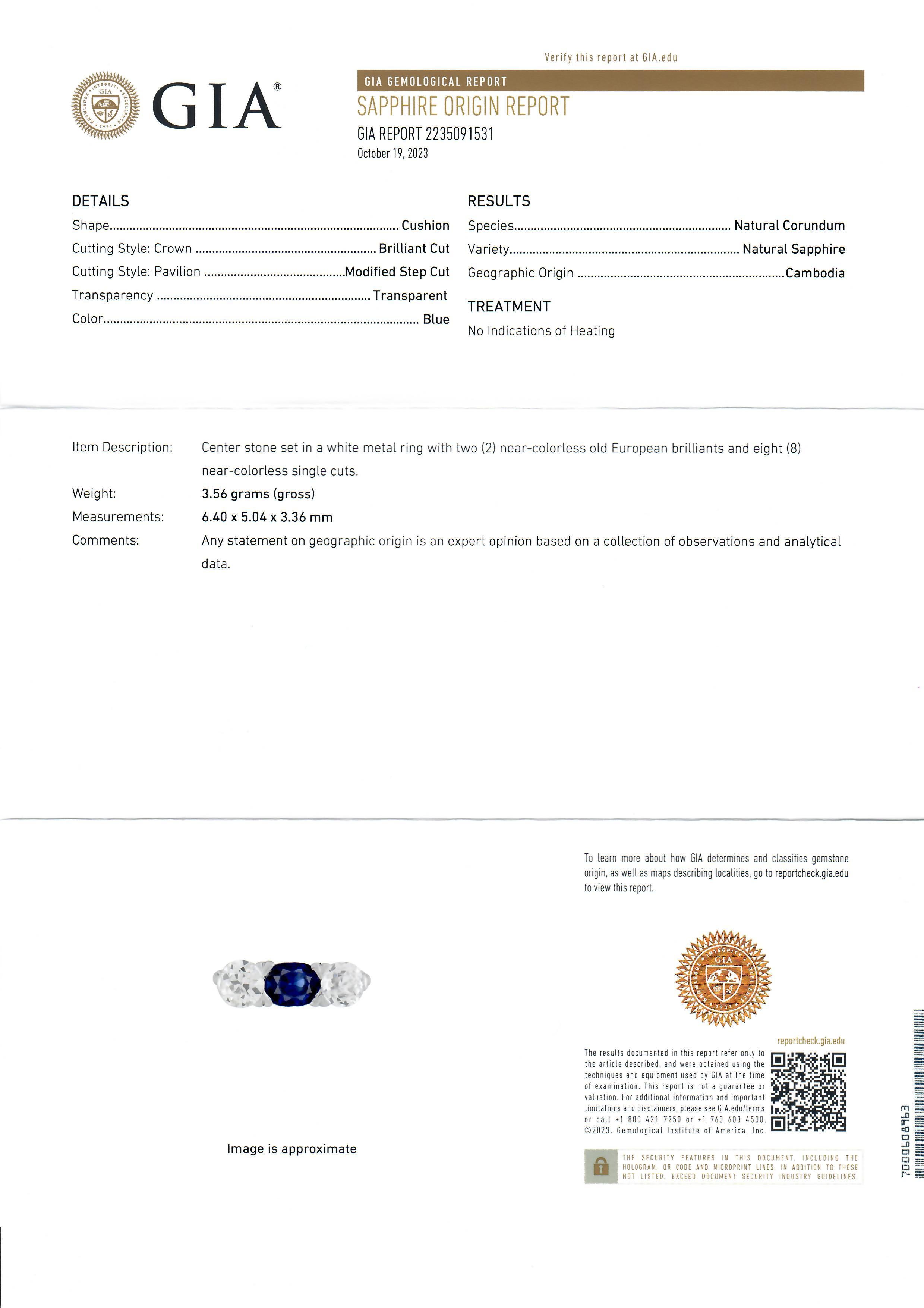 Antique Edwardian Platinum 2.33ctw GIA Sapphire Old European Diamond Scroll Ring For Sale 6