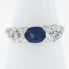 Antique Edwardian Platinum 2.33ctw GIA Sapphire Old European Diamond Scroll Ring