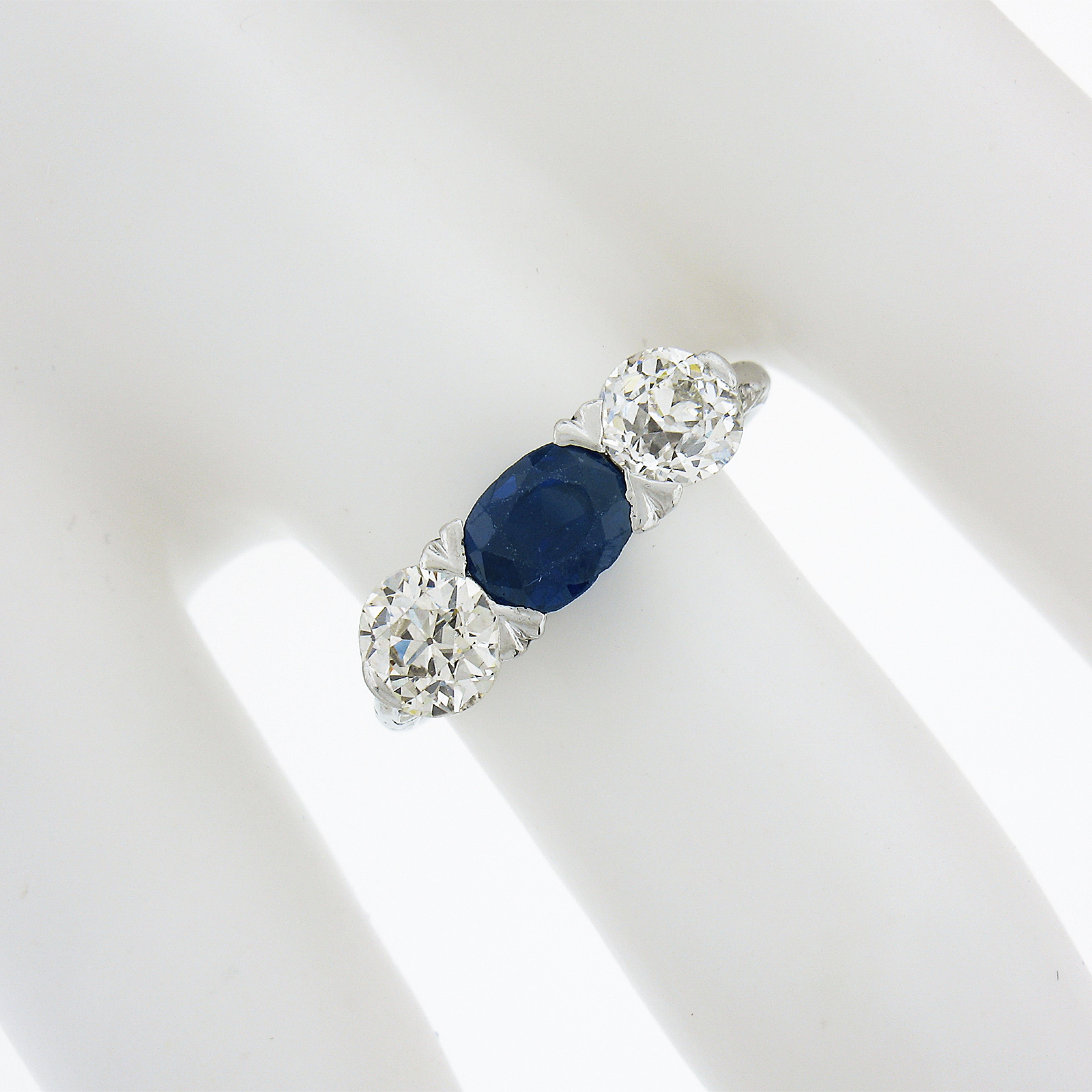 Antique Edwardian Platinum 2.33ctw GIA Sapphire Old European Diamond Scroll Ring In Excellent Condition For Sale In Montclair, NJ