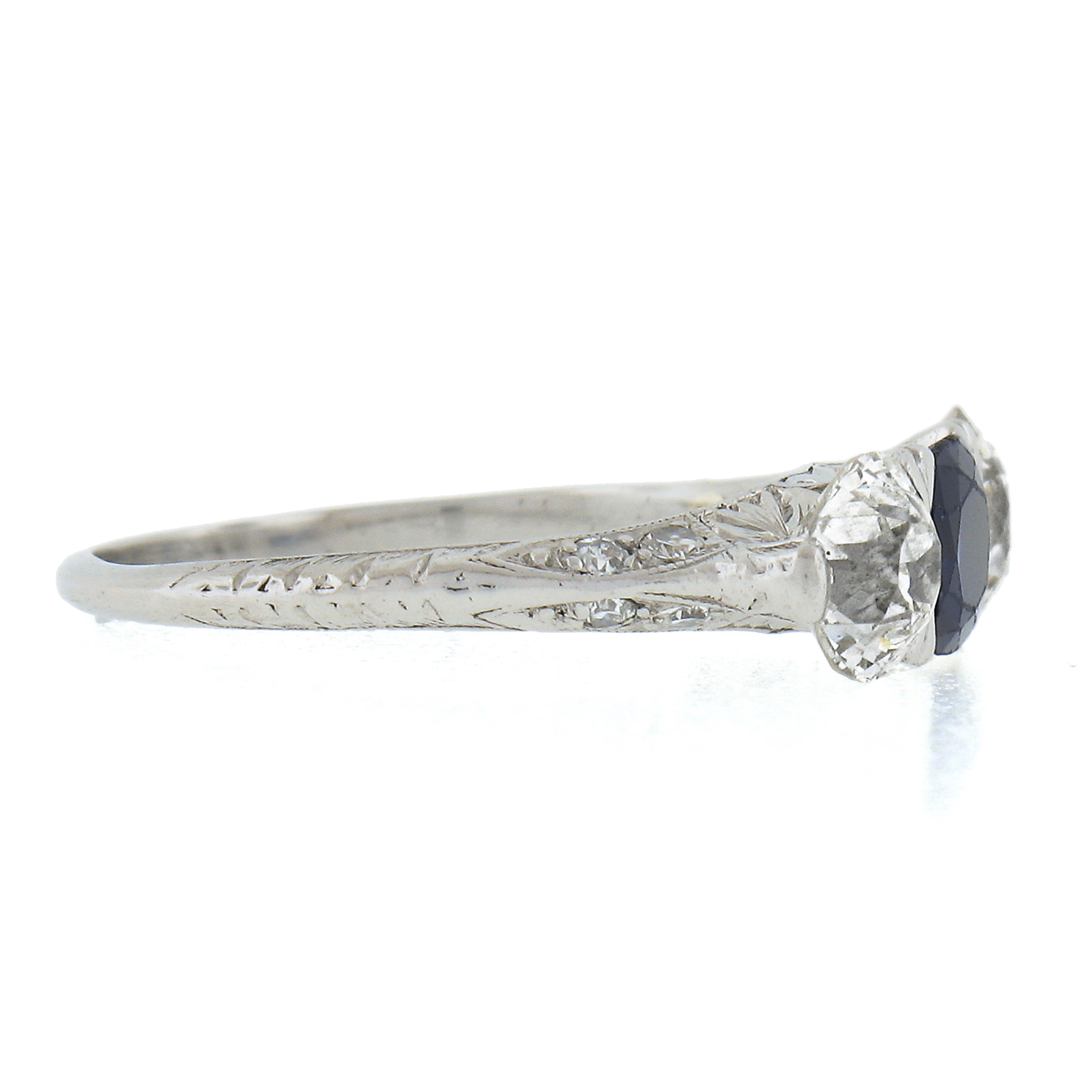 Women's Antique Edwardian Platinum 2.33ctw GIA Sapphire Old European Diamond Scroll Ring For Sale
