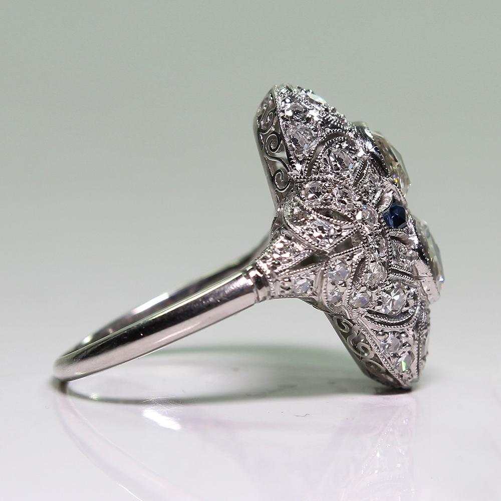 Rose Cut Antique Edwardian Platinum 2.35 Carat Diamond and Sapphire Ring