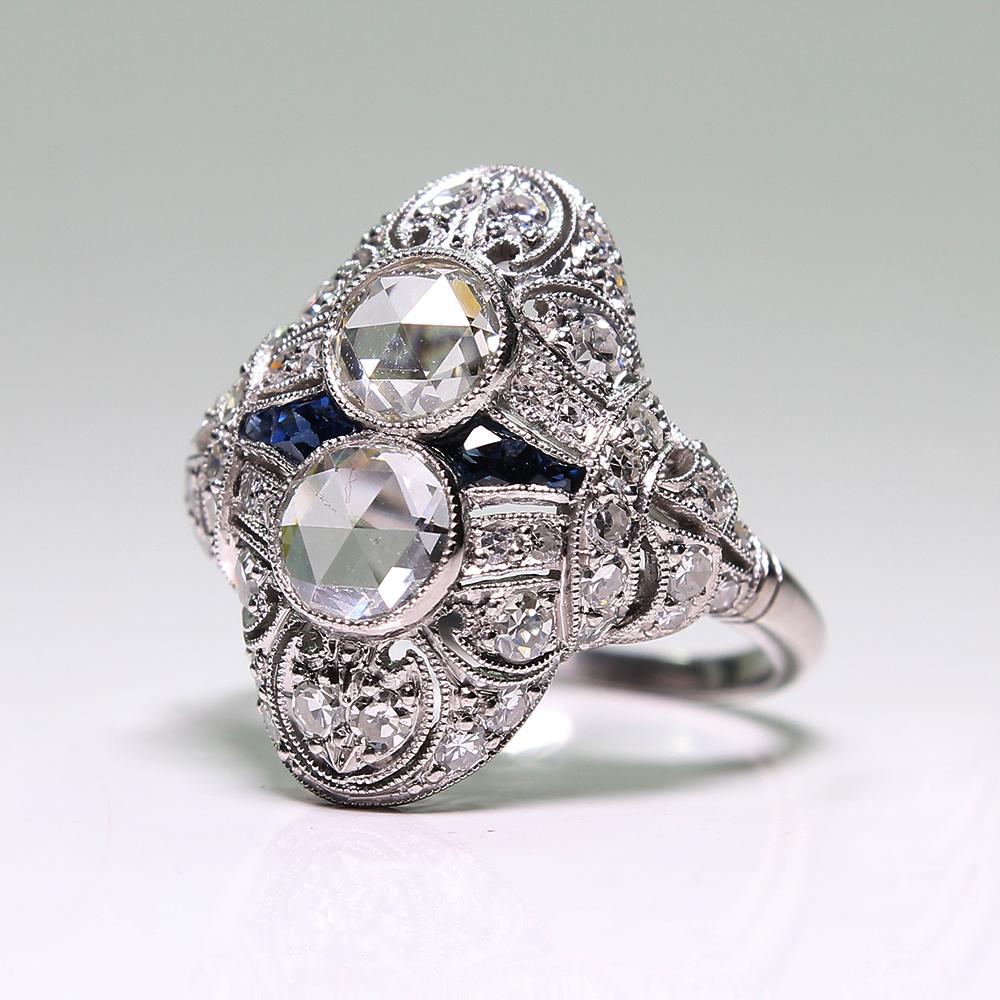 Women's or Men's Antique Edwardian Platinum 2.35 Carat Diamond and Sapphire Ring