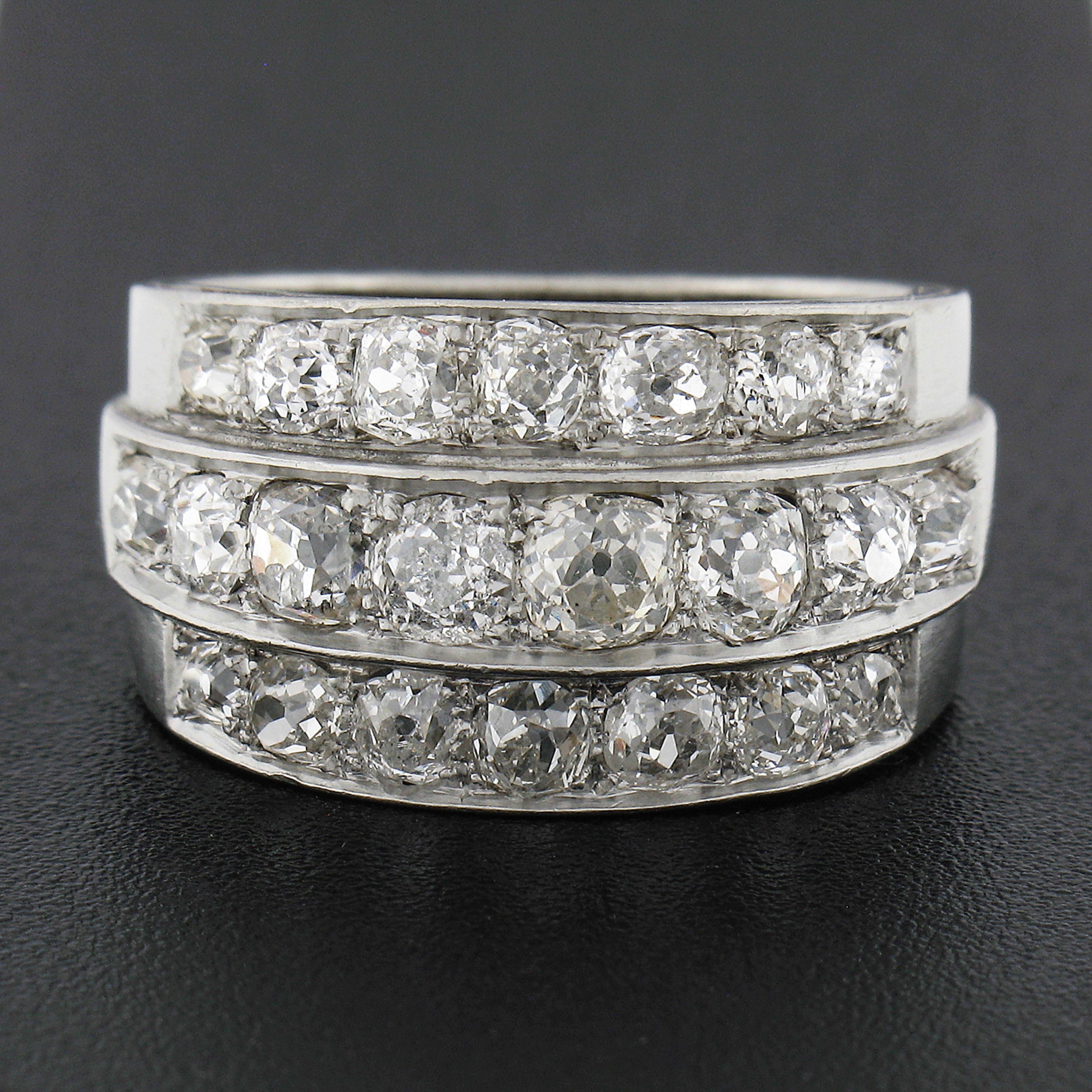 Old Mine Cut Antique Edwardian Platinum 2.75ctw Chunky Old Mine Diamond 3 Row Wide Band Ring For Sale