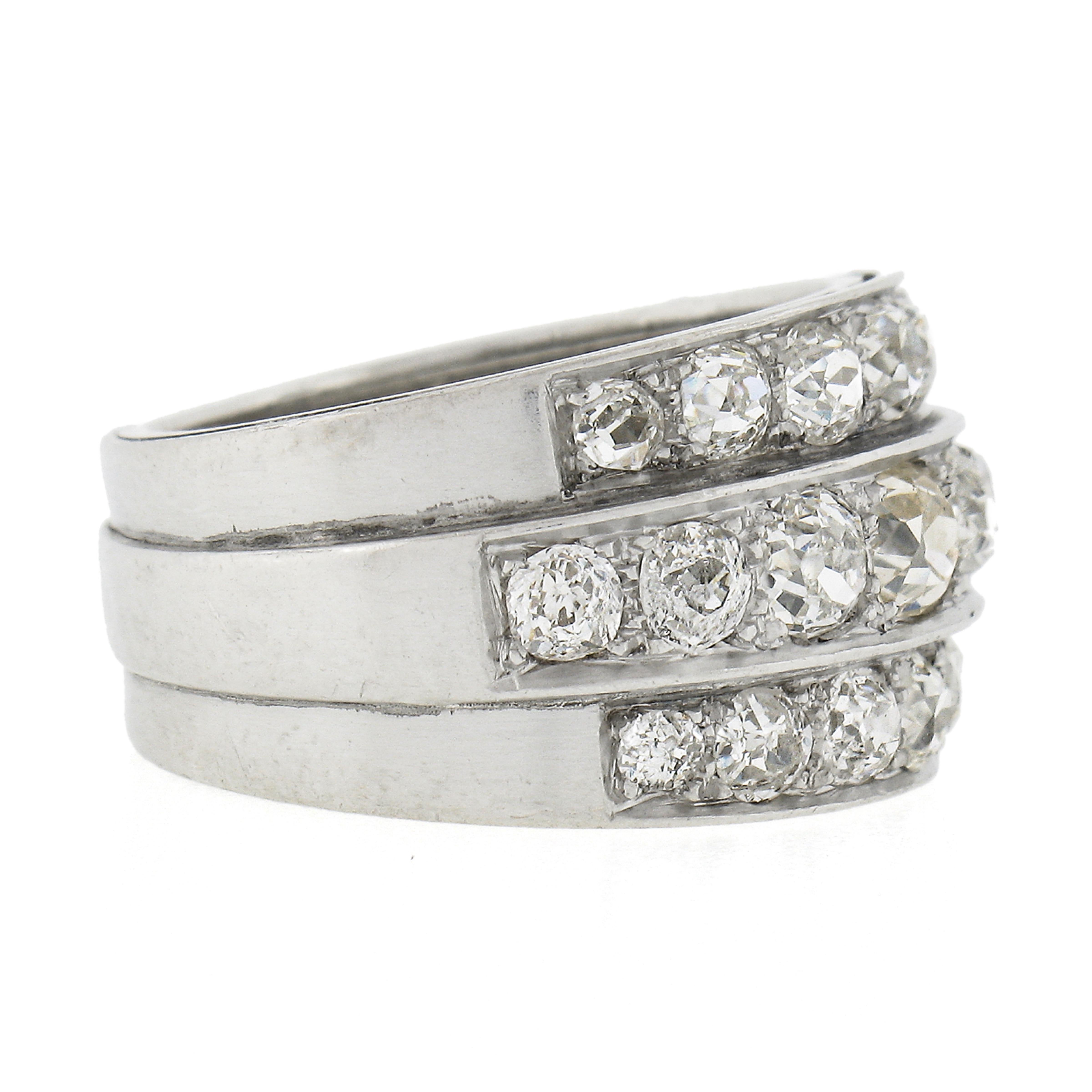 Women's Antique Edwardian Platinum 2.75ctw Chunky Old Mine Diamond 3 Row Wide Band Ring For Sale