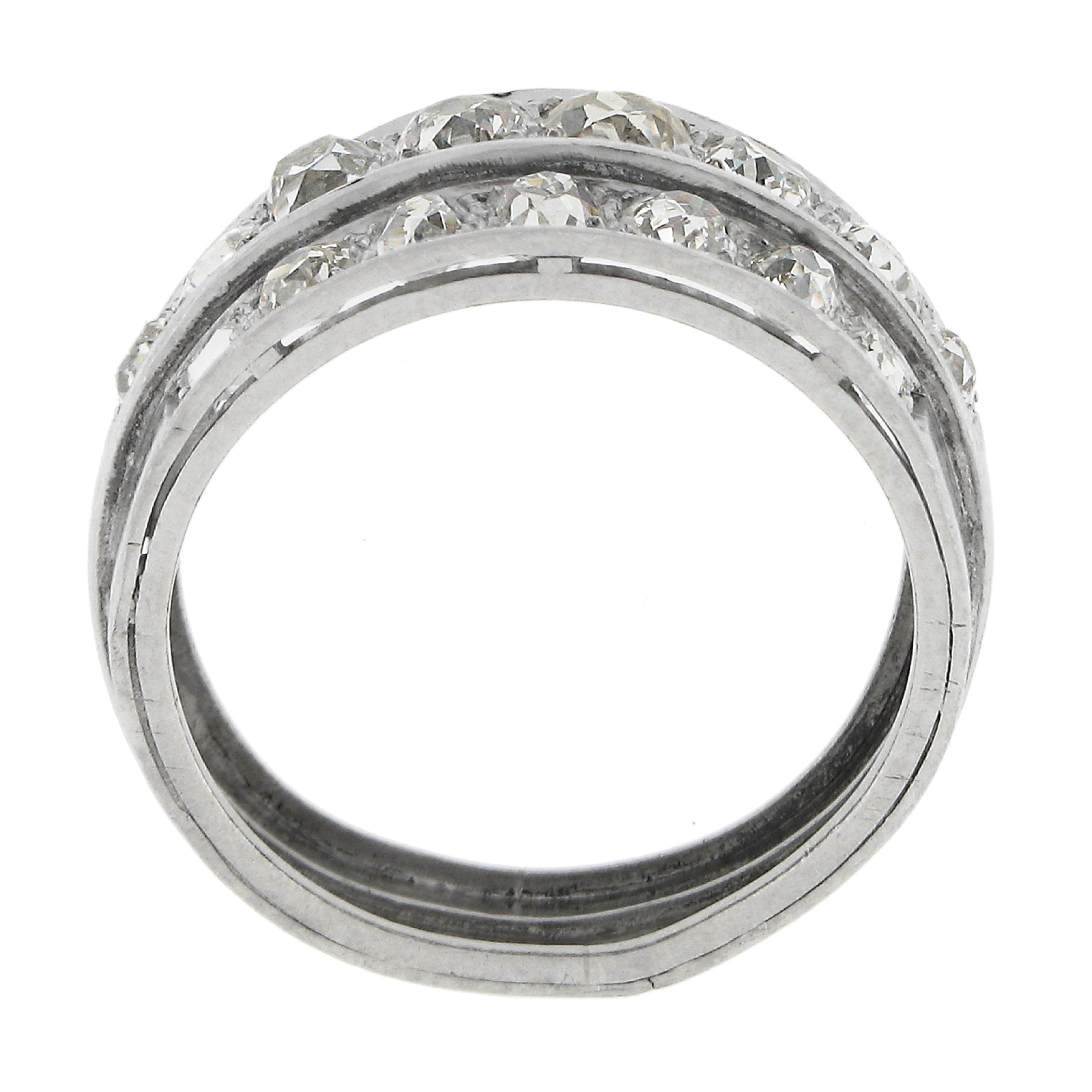 Antique Edwardian Platinum 2.75ctw Chunky Old Mine Diamond 3 Row Wide Band Ring For Sale 3