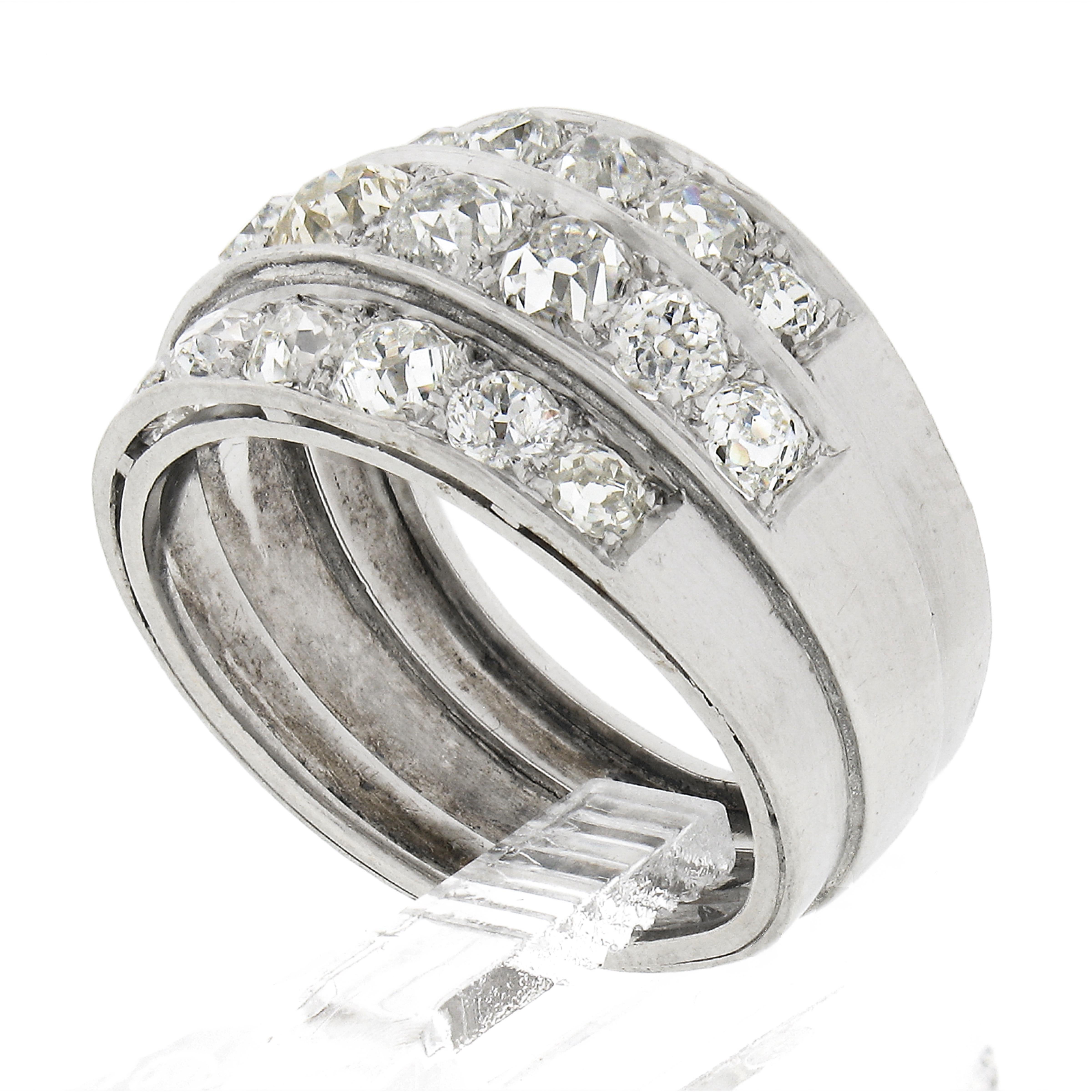 Antique Edwardian Platinum 2.75ctw Chunky Old Mine Diamond 3 Row Wide Band Ring For Sale 4