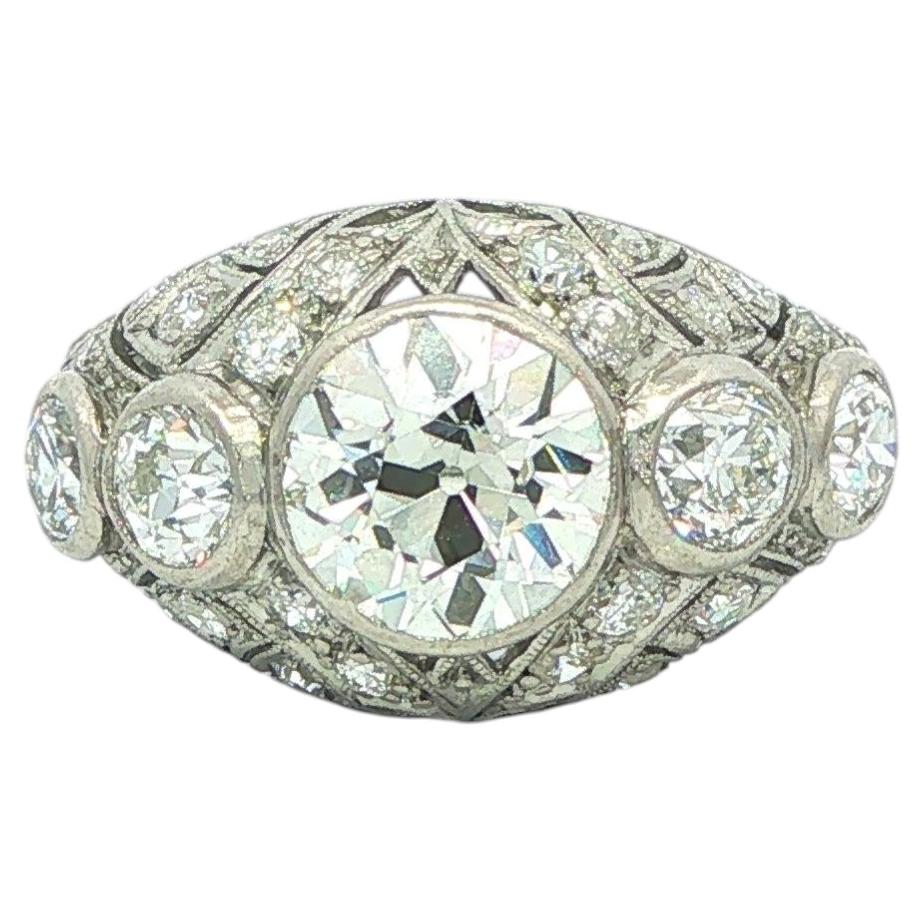Antique Edwardian Platinum 3.1ctw Old European Cut Diamond Bezel Engagement Ring