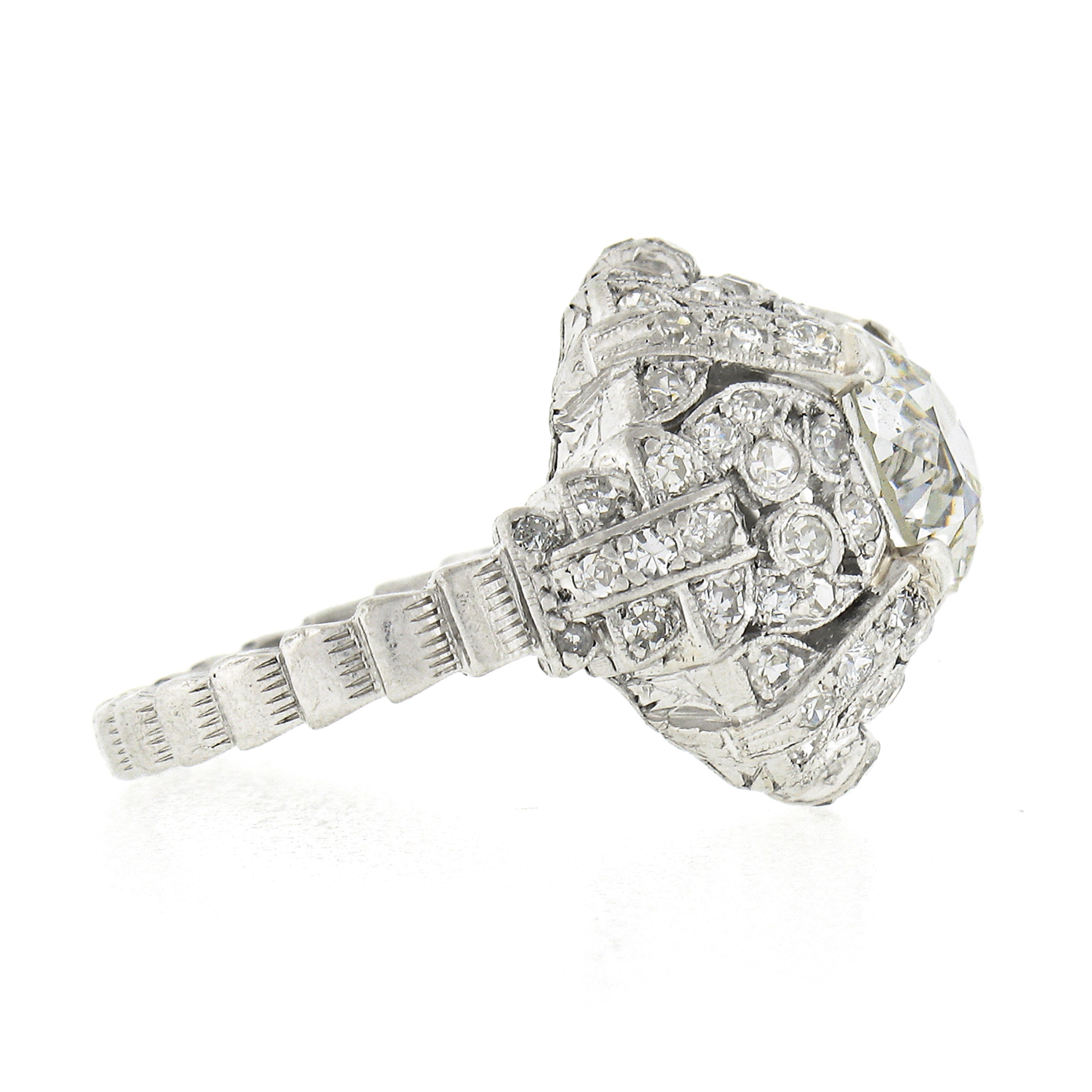 Women's Antique Edwardian Platinum 3.21ctw GIA European Diamond Mosaic Domed Dinner Ring For Sale
