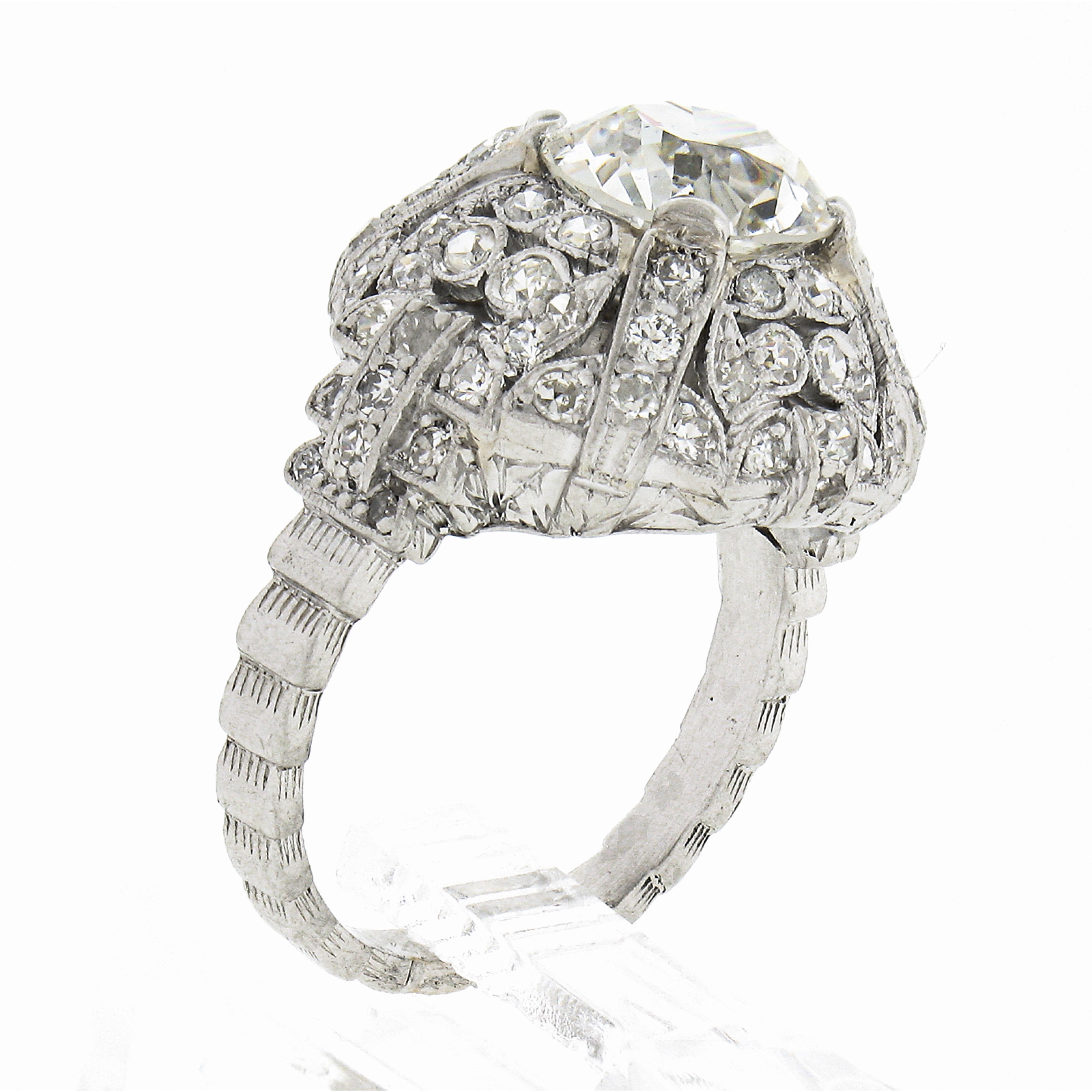 Antique Edwardian Platinum 3.21ctw GIA European Diamond Mosaic Domed Dinner Ring For Sale 4