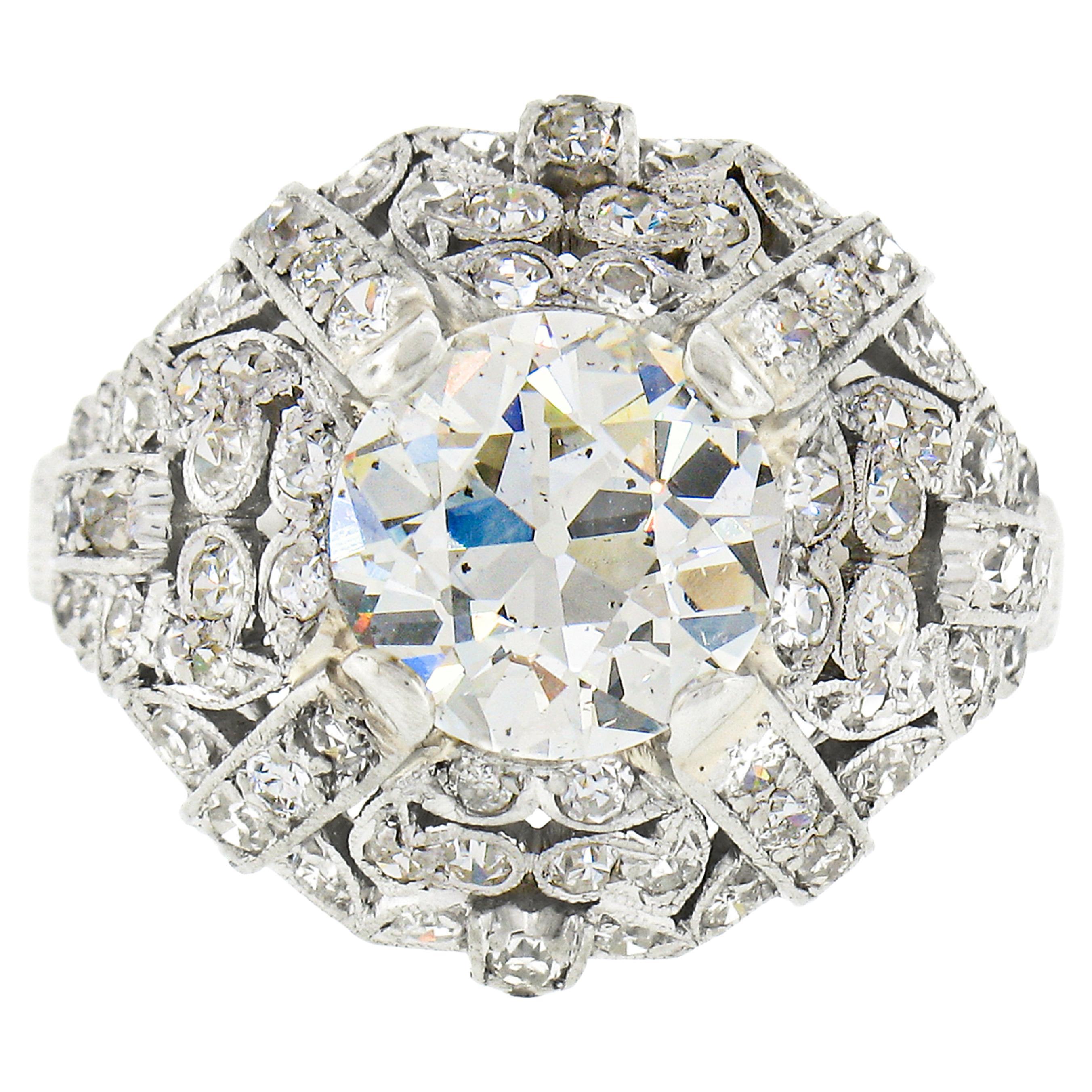 Antiker Edwardianischer Platin 3.21ctw GIA Europäischer Diamant Mosaik Gewölbter Dinner Ring im Angebot