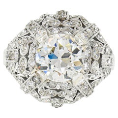 Bague de soirée édouardienne ancienne en platine avec mosaïque de diamants européens de 3,21 carats certifiés GIA