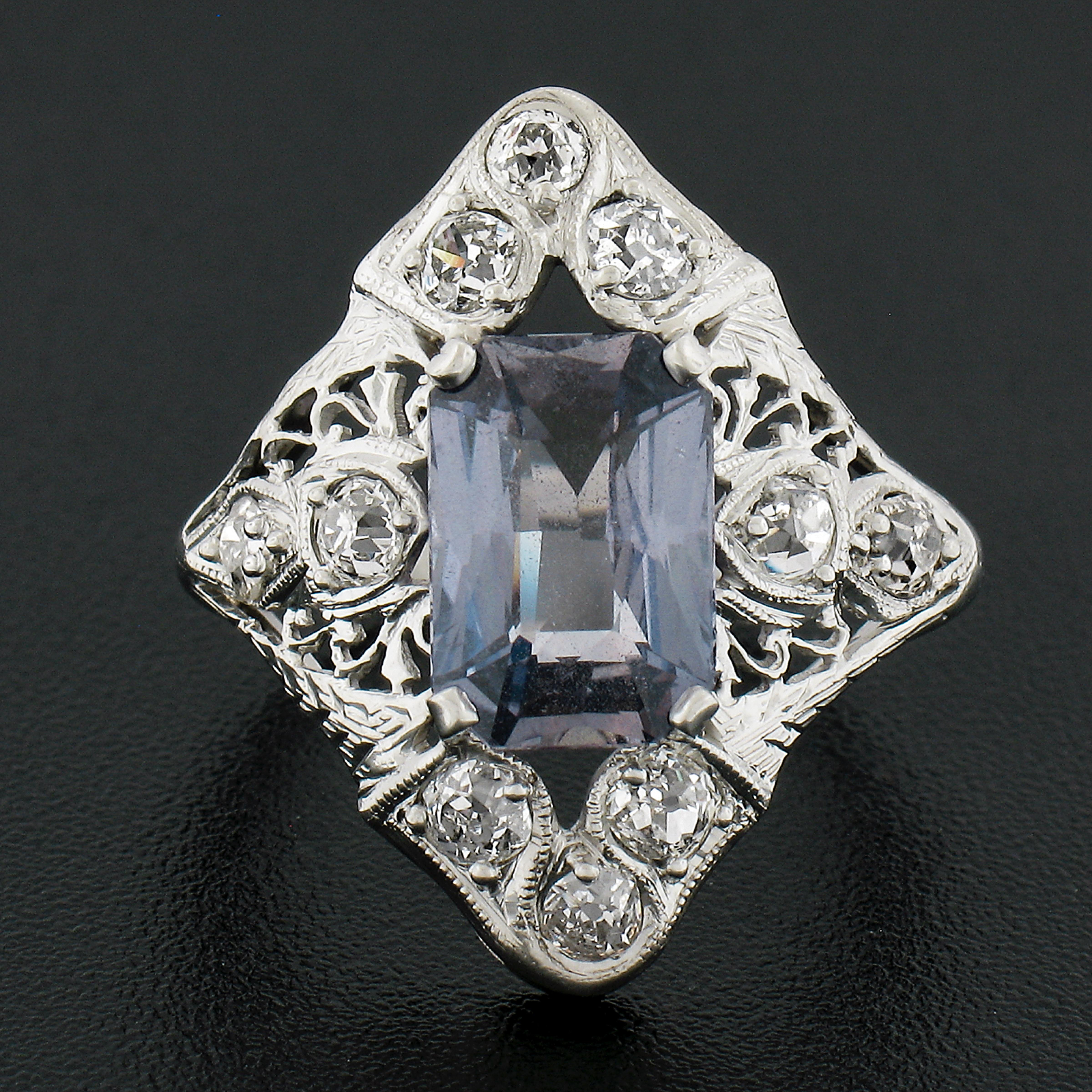 Octagon Cut Antique Edwardian Platinum 4.14ctw GIA No Heat Sapphire Diamond Filigree Ring For Sale