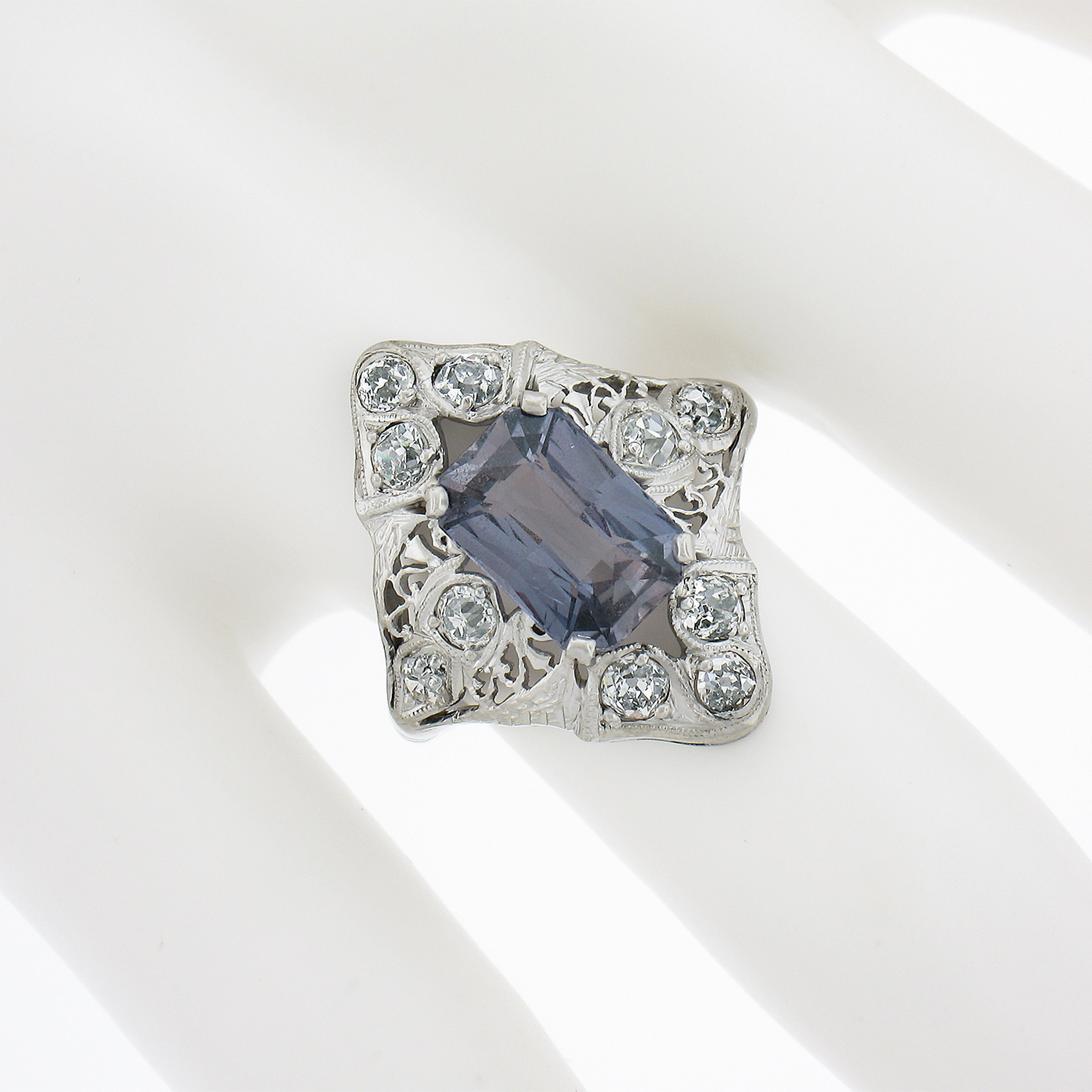 Antique Edwardian Platinum 4.14ctw GIA No Heat Sapphire Diamond Filigree Ring In Excellent Condition For Sale In Montclair, NJ
