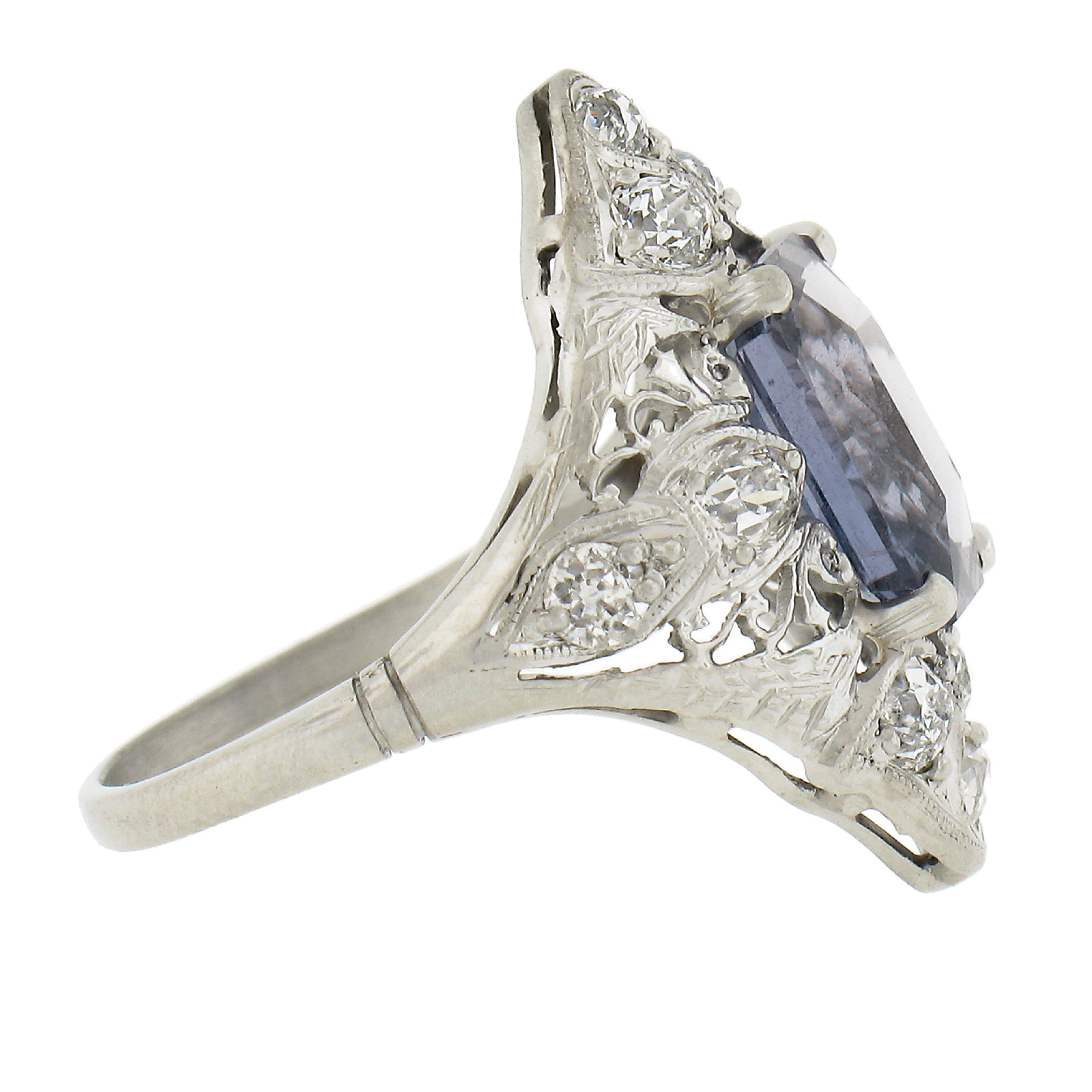 Women's Antique Edwardian Platinum 4.14ctw GIA No Heat Sapphire Diamond Filigree Ring For Sale