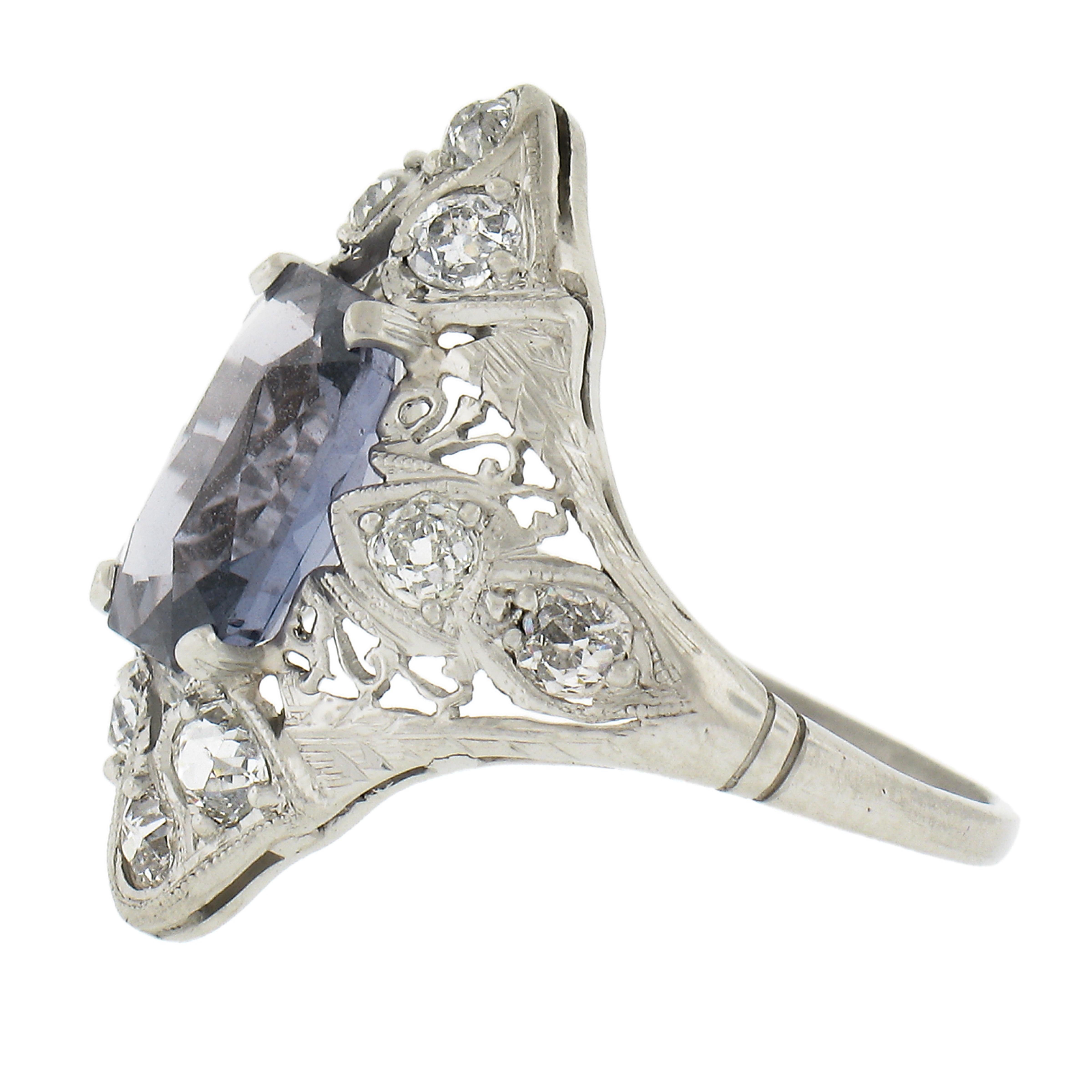 Antique Edwardian Platinum 4.14ctw GIA No Heat Sapphire Diamond Filigree Ring For Sale 1