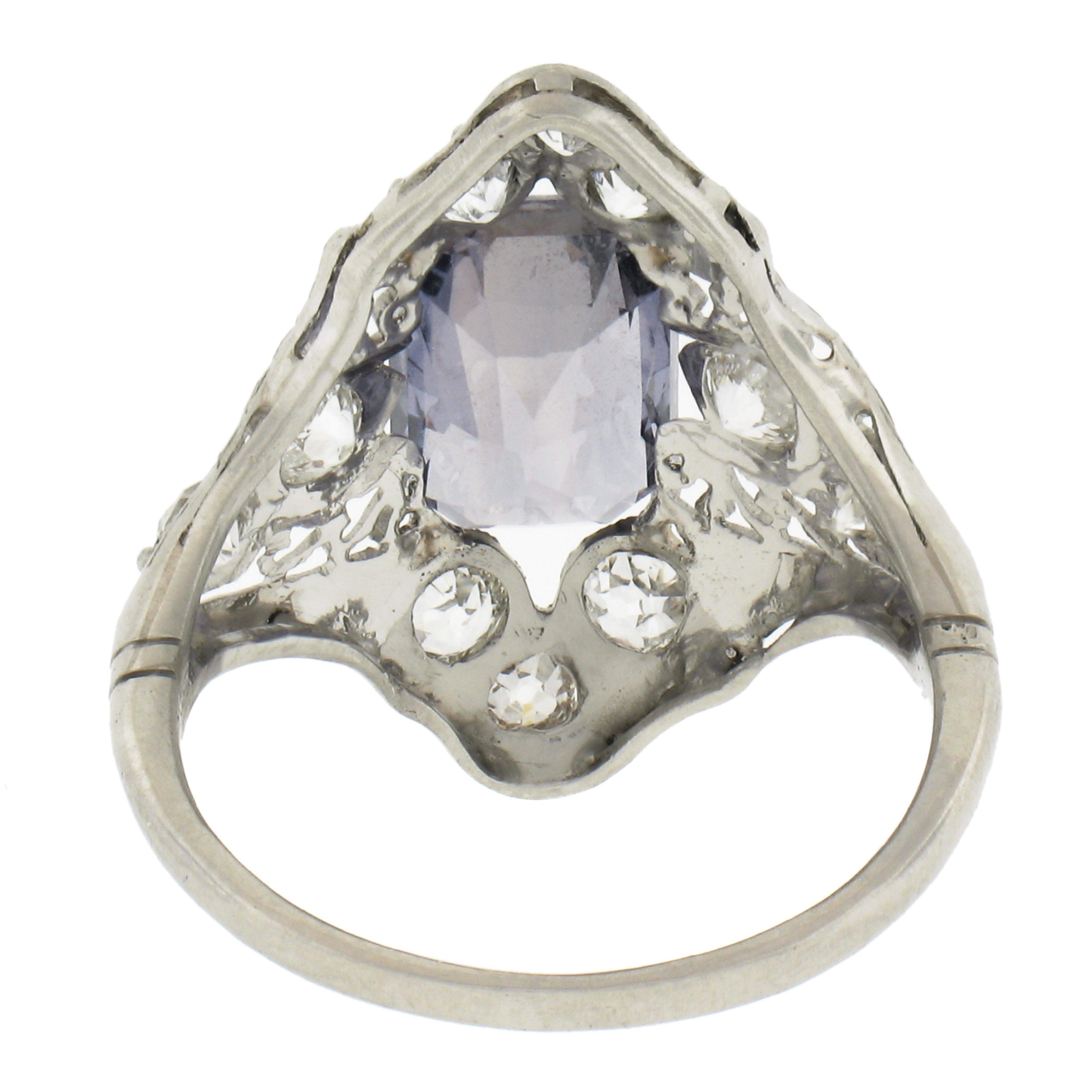 Antique Edwardian Platinum 4.14ctw GIA No Heat Sapphire Diamond Filigree Ring For Sale 2