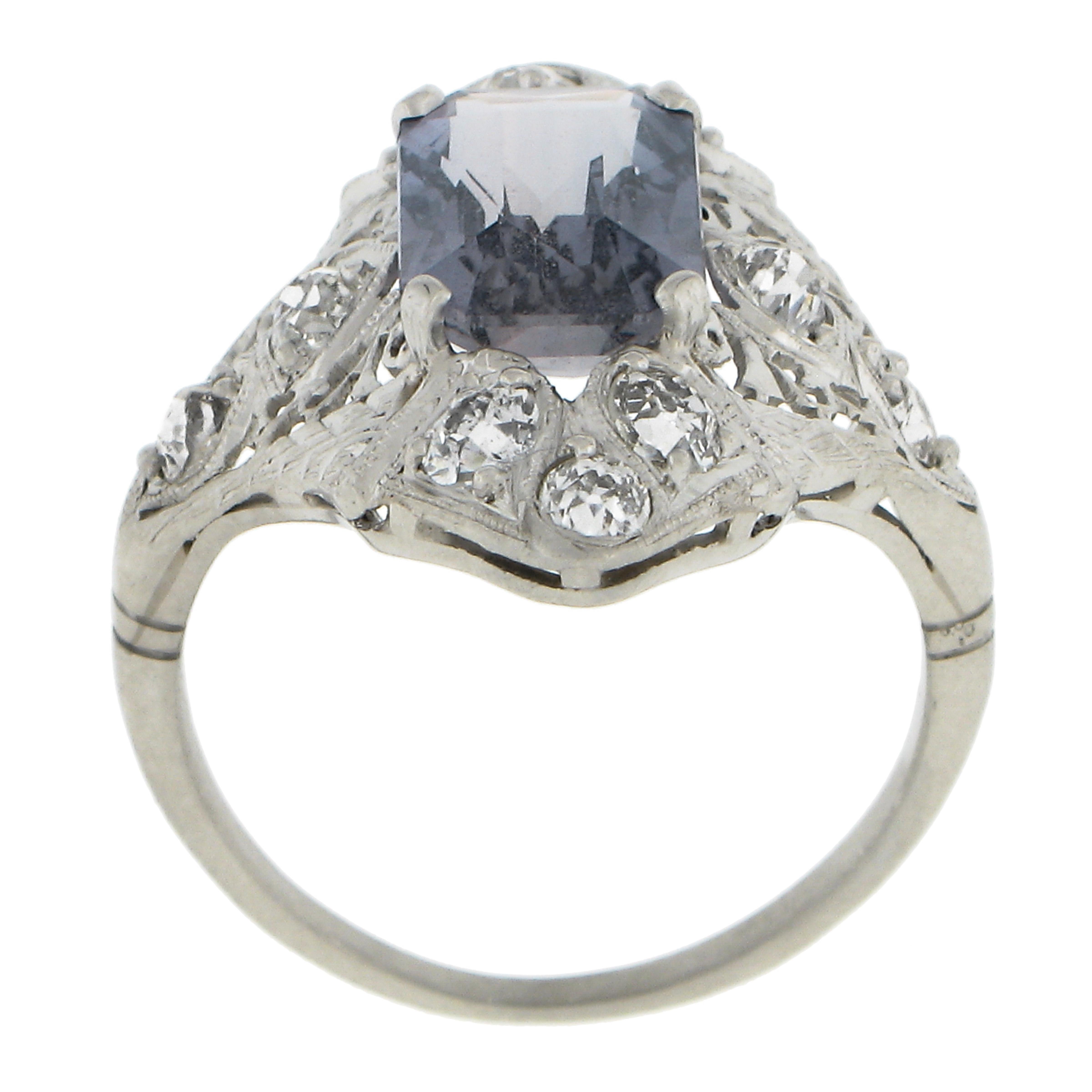 Antique Edwardian Platinum 4.14ctw GIA No Heat Sapphire Diamond Filigree Ring For Sale 3