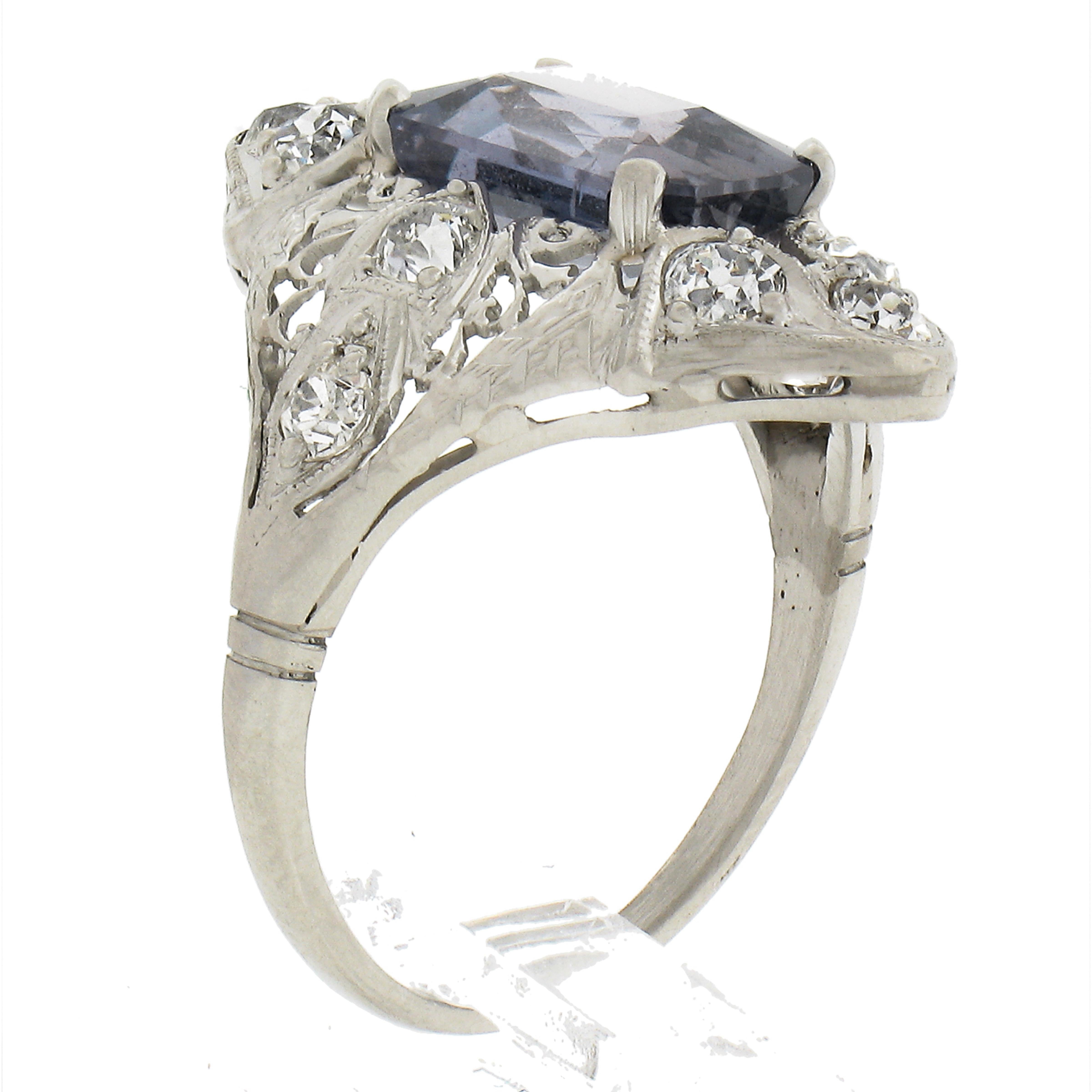 Antique Edwardian Platinum 4.14ctw GIA No Heat Sapphire Diamond Filigree Ring For Sale 4