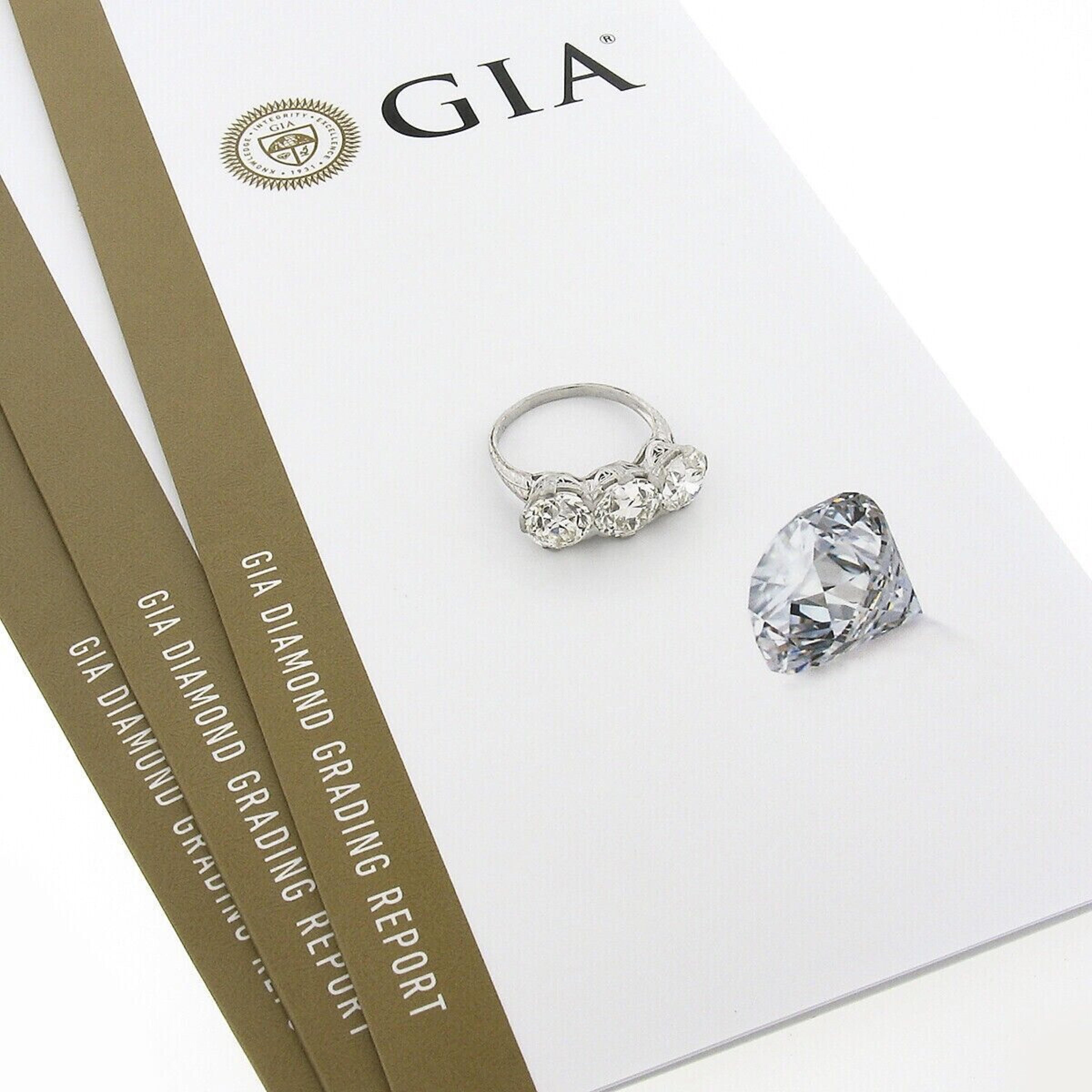 Bague édouardienne ancienne en platine 6,12 ctw, certifiée GIA, grand diamant européen ancien à 3 pierres en vente 4