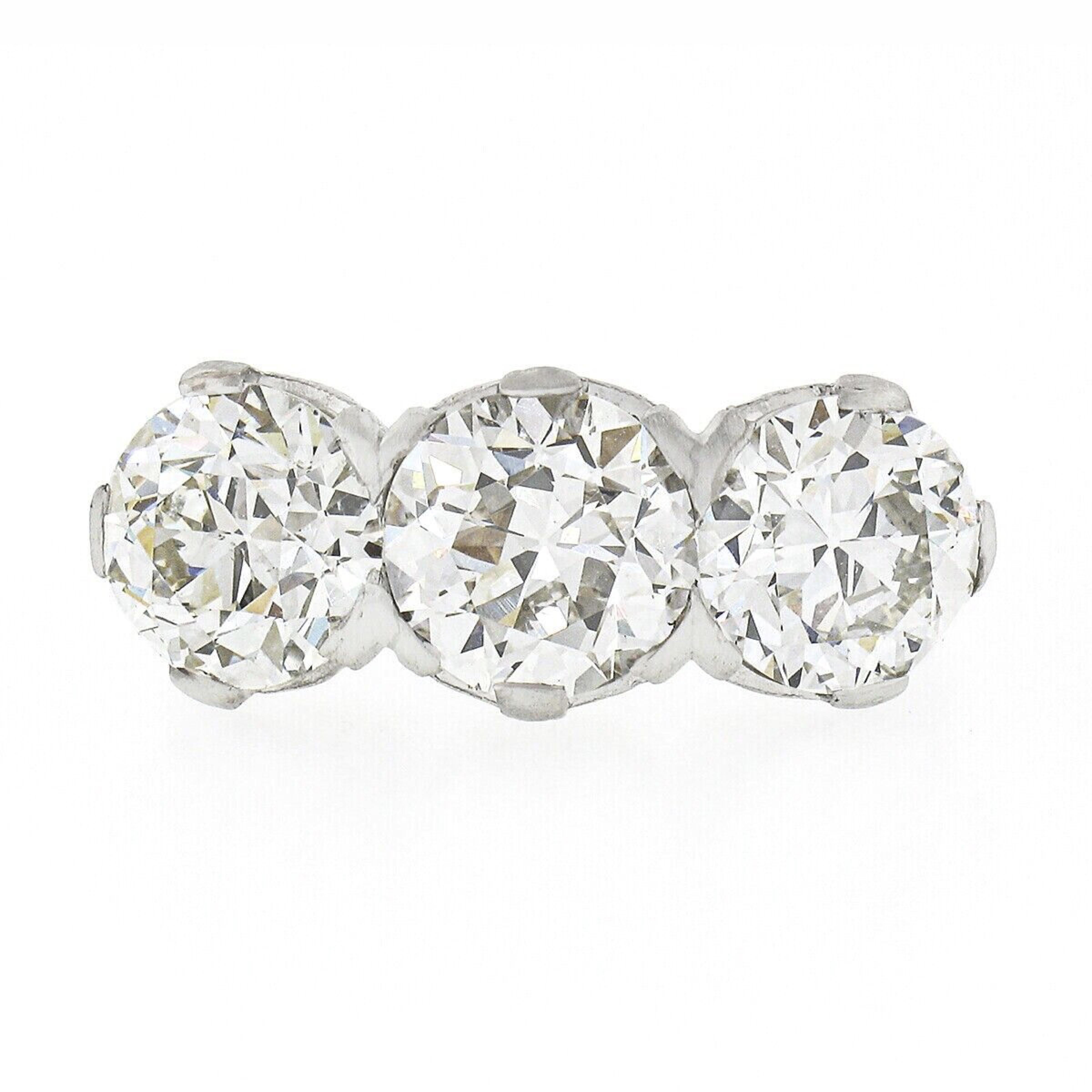 Taille vieille Europe Bague édouardienne ancienne en platine 6,12 ctw, certifiée GIA, grand diamant européen ancien à 3 pierres en vente