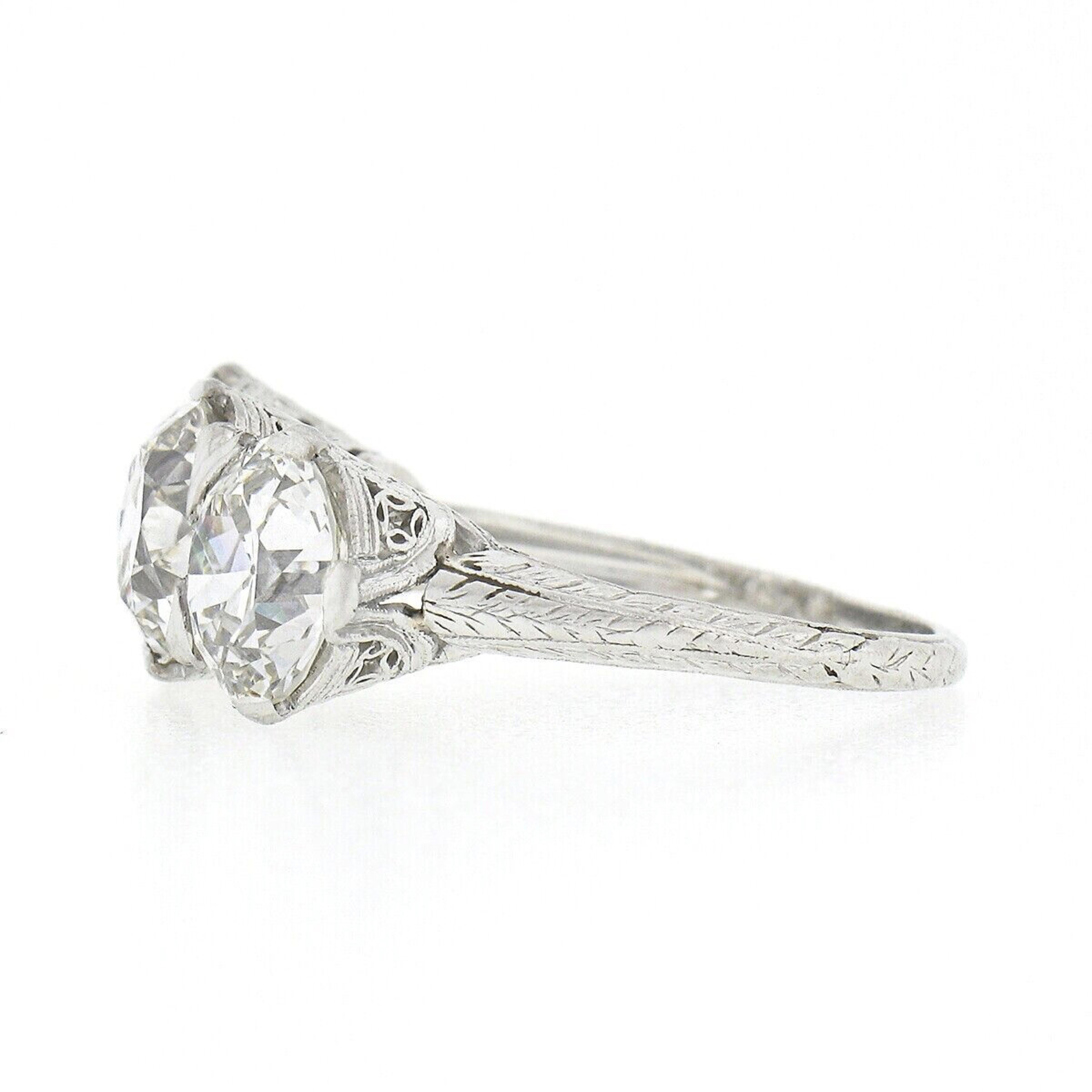 Bague édouardienne ancienne en platine 6,12 ctw, certifiée GIA, grand diamant européen ancien à 3 pierres Pour femmes en vente