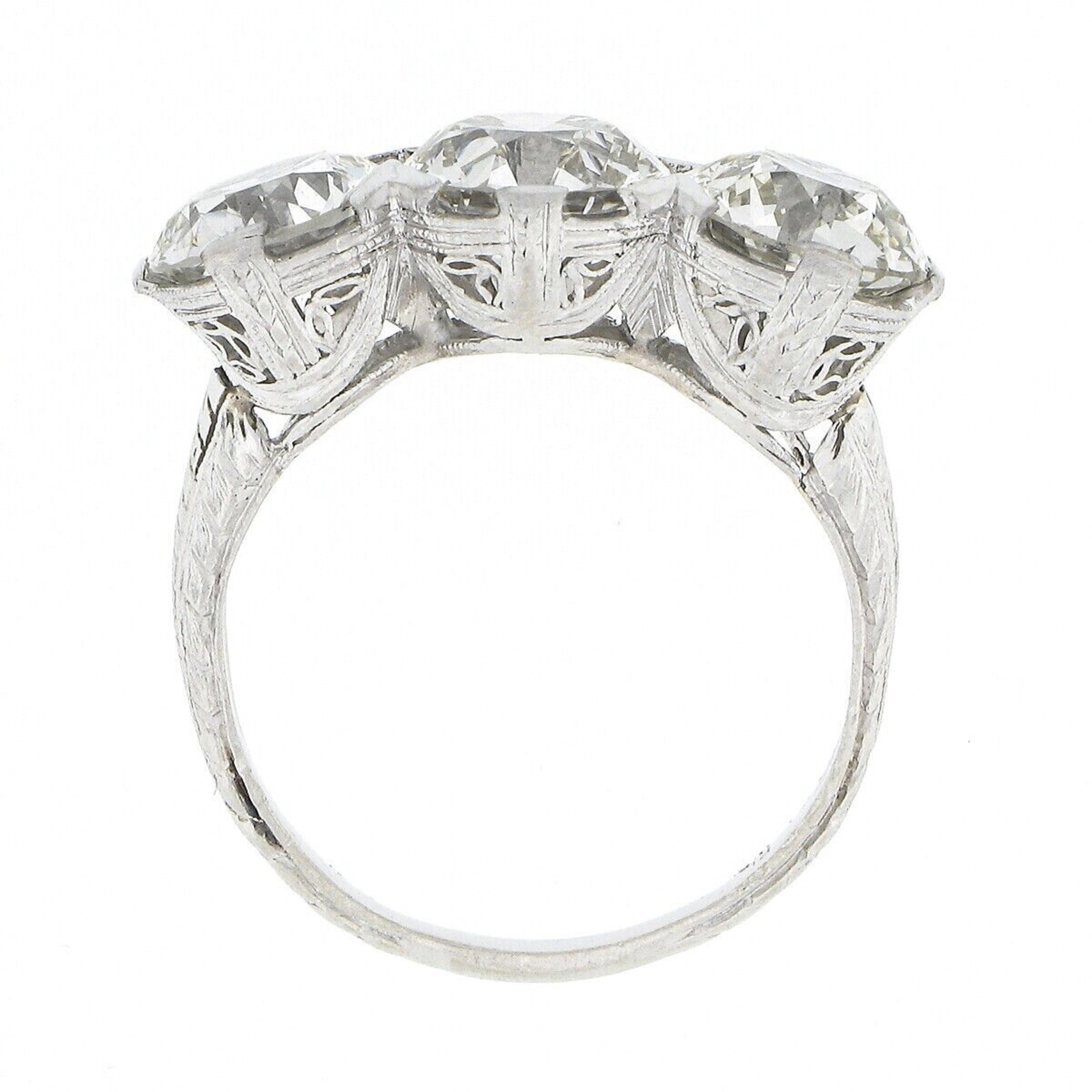 Antique Edwardian Platinum 6.12ctw GIA Old European Large Diamond 3 Stone Ring For Sale 3