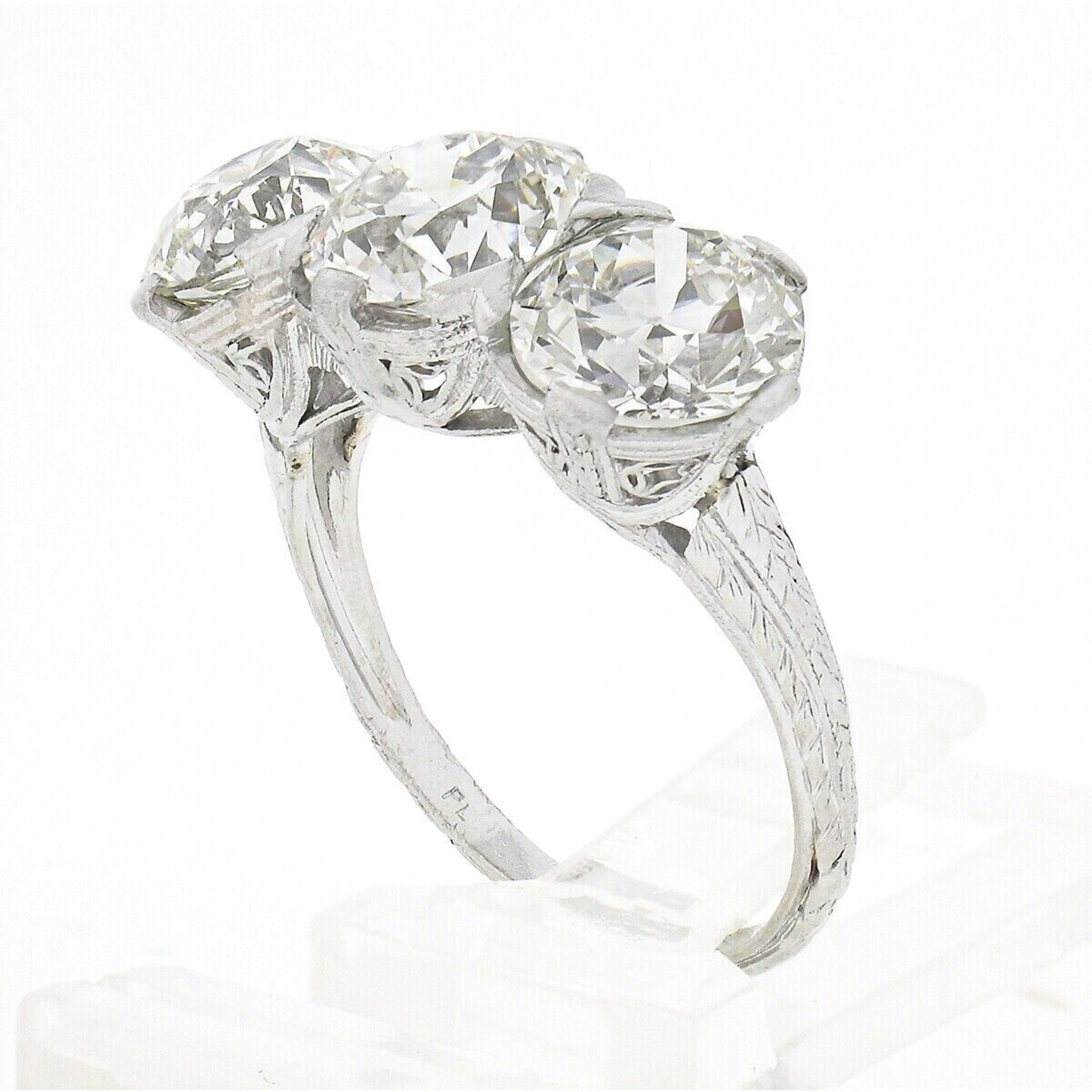 Antique Edwardian Platinum 6.12ctw GIA Old European Large Diamond 3 Stone Ring For Sale 4