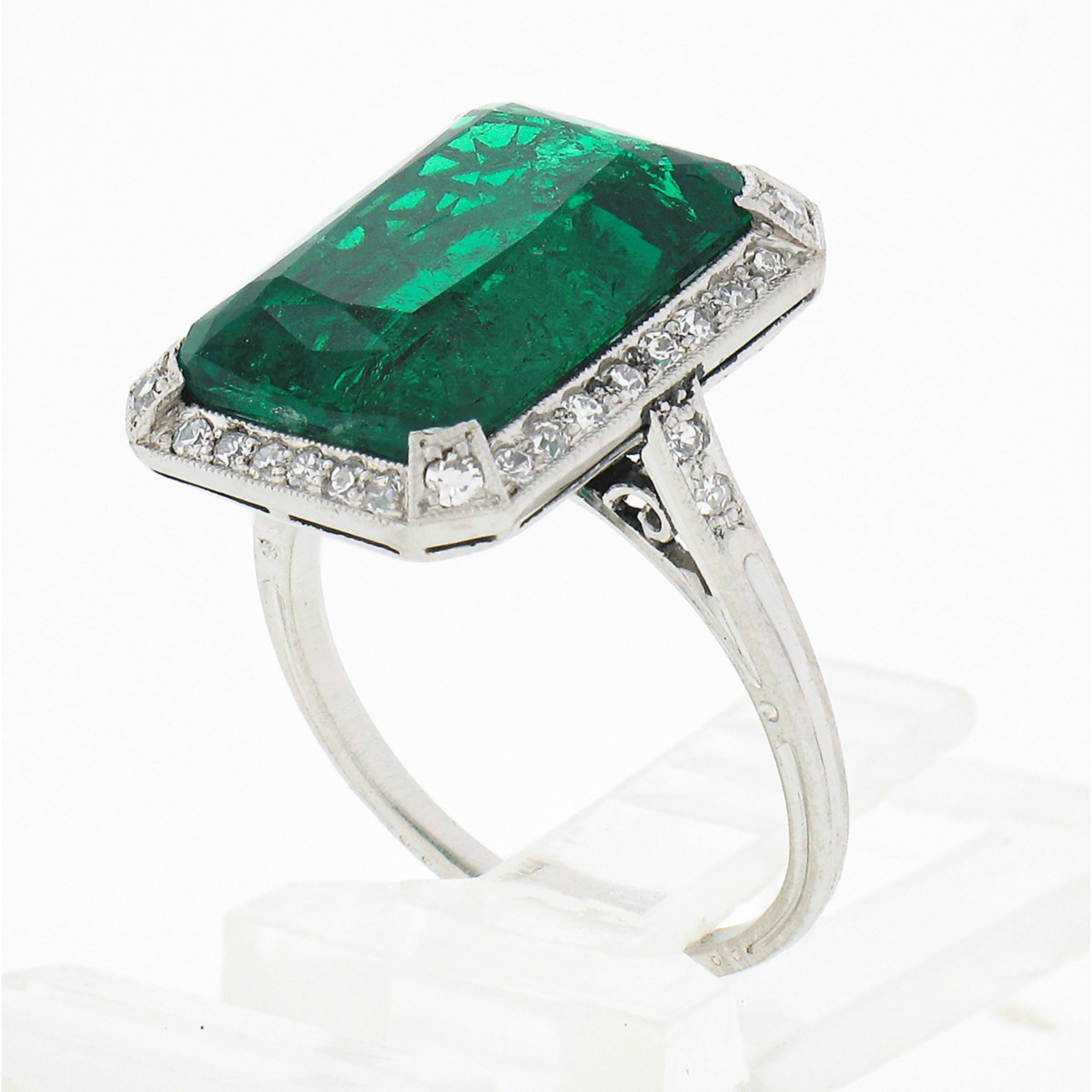 Antique Edwardian Platinum 6.55ct AGL Fine Colombian Emerald & Diamond Halo Ring 5
