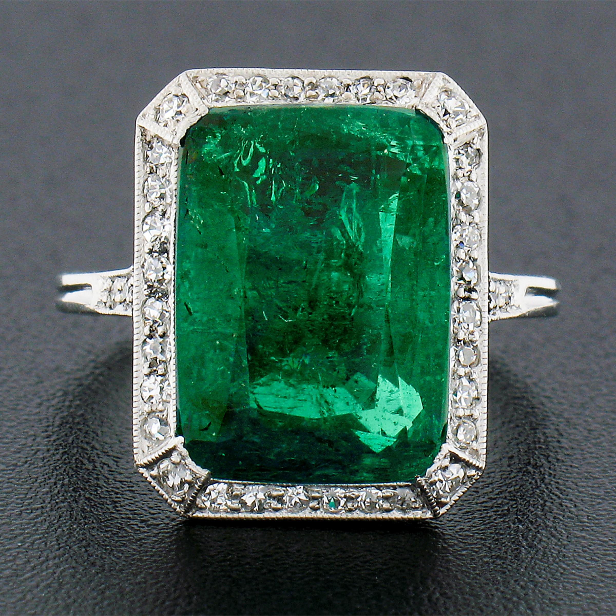 Cushion Cut Antique Edwardian Platinum 6.55ct AGL Fine Colombian Emerald & Diamond Halo Ring