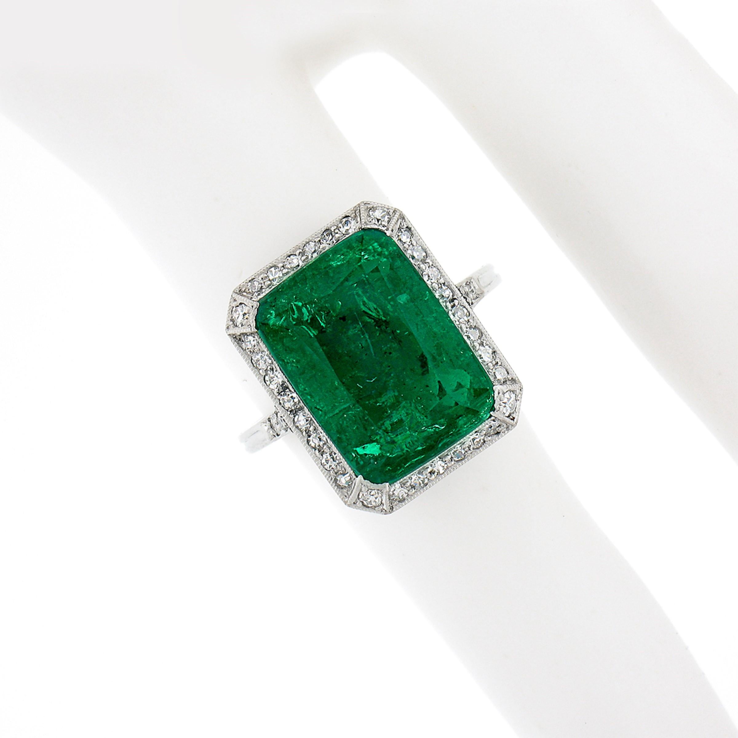 Antique Edwardian Platinum 6.55ct AGL Fine Colombian Emerald & Diamond Halo Ring In Good Condition In Montclair, NJ